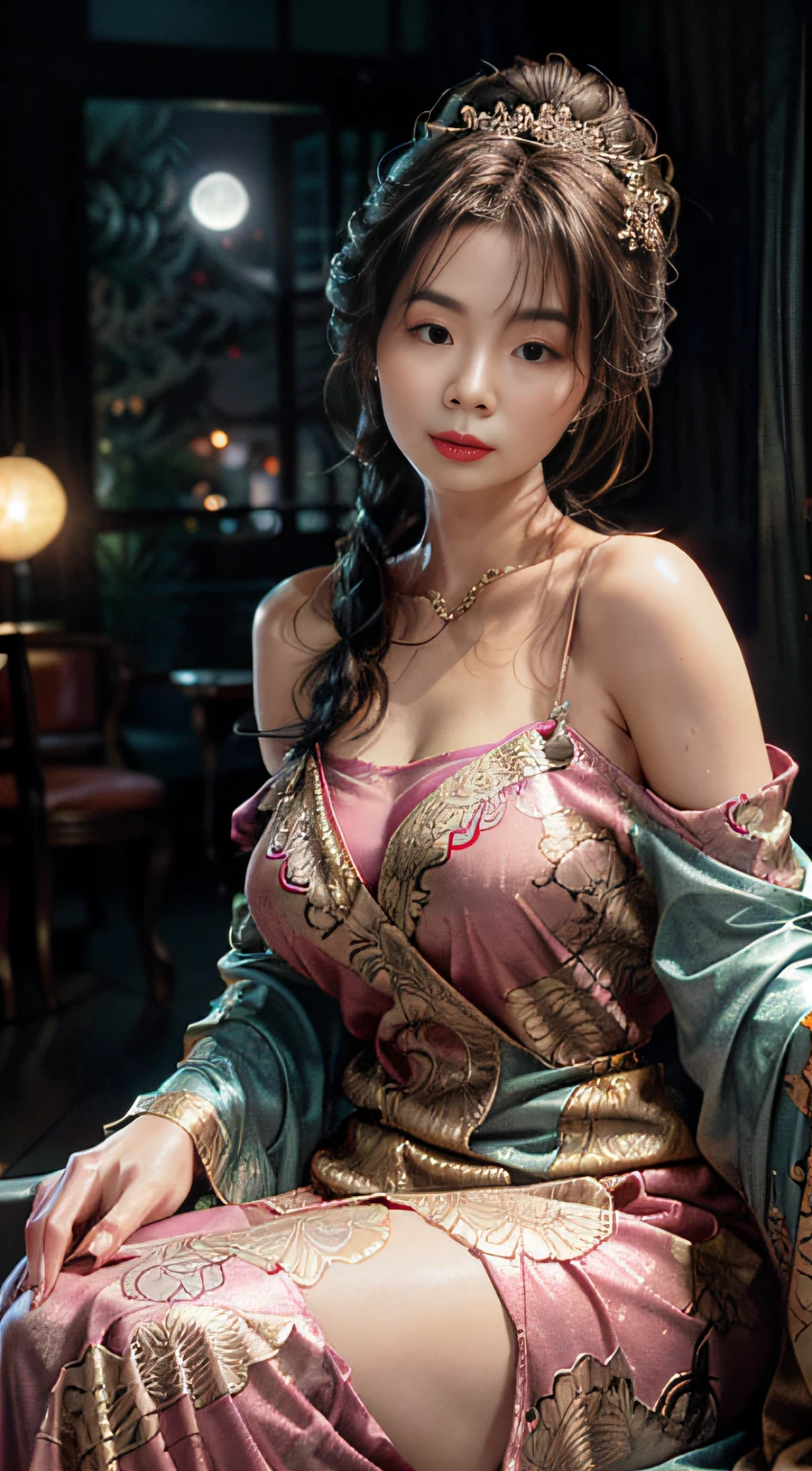 The art depicts a charming woman dressed in a flowing, silky traditional oriental dress, pink, decorated with intricate patterns and bright colors. Her dress drapes elegantly over her curvy figure, accentuating her seductive silhouette. She sits gracefully under the quiet moon, bathed in the soft glow of the moonlight. The scene exudes an ethereal and dreamy atmosphere, with a touch of mystery and sexiness. The graphic style blends watercolor and digital illustration techniques to evoke a refined beauty and charm. The lights are filled with soft moonlight, casting soft highlights and shadows on her charming features. Bare thighs, big breasts, three-dimensional facial features, sitting, upturned legs, side braids