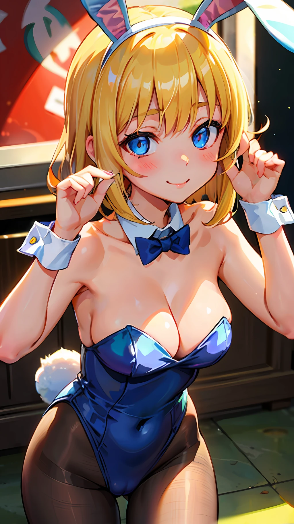 ((masterpiece, best quality;1.3)), ultra detailed, 8k unity wallpapers, CG, ray tracing, illustration, colorful, cinematic shadow, extremely detailed and beautiful background,vhd, shadering VRay,RT, 1girl, smile, teenage, ite, lol blush, solo, blue eyes, blush, (blonde hair), (medium hair), large breasts, white glowing skin, highly detailed beautiful face, beautiful face, beautiful eyes, (talented Lo-Fi:1.3), naked, sexy, lewd, skindentation, animal ears, bow, bowtie, pantyhose, pantyhose, playboy bunny, rabbit ears, wrist cuffs, cameltoe, close-up, glowing, glowing light, ultra detailed, scenic, atmospheric