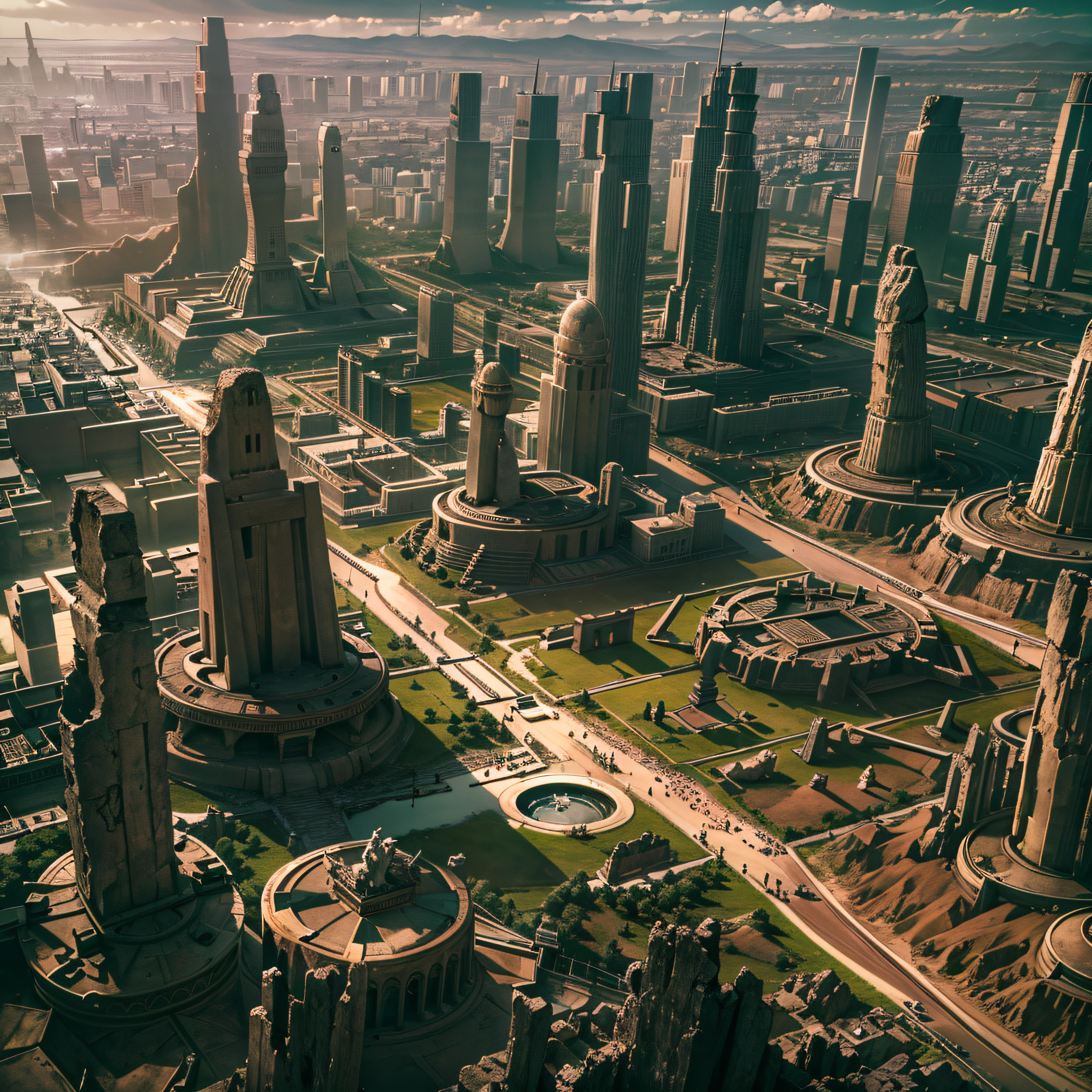 aerial view of a huge dystopian city from the future, huge monuments in the form of apes and cats are all over the city, moai, aztec, egypt, babylon, atlantis, sumerian, persian, stonehenge, TOTEM, cinematographic quality, dramatic light, in the sky the stars and alien ships, on earth rivers of lava, finished, high definition, EVERYTHING HAS AN EXTREME QUALITY IN THE DETAILS - h 1024 w 804 | f 1 6 lens mark 2:2 s 3555 mm film grain: 1 realistic high resolution sharp focus contrast! intricate detailed atmospheric light refraction lighting unreal engine 5 cinematic concept photography masterpiece octane rendering trends in cgsociety rendering