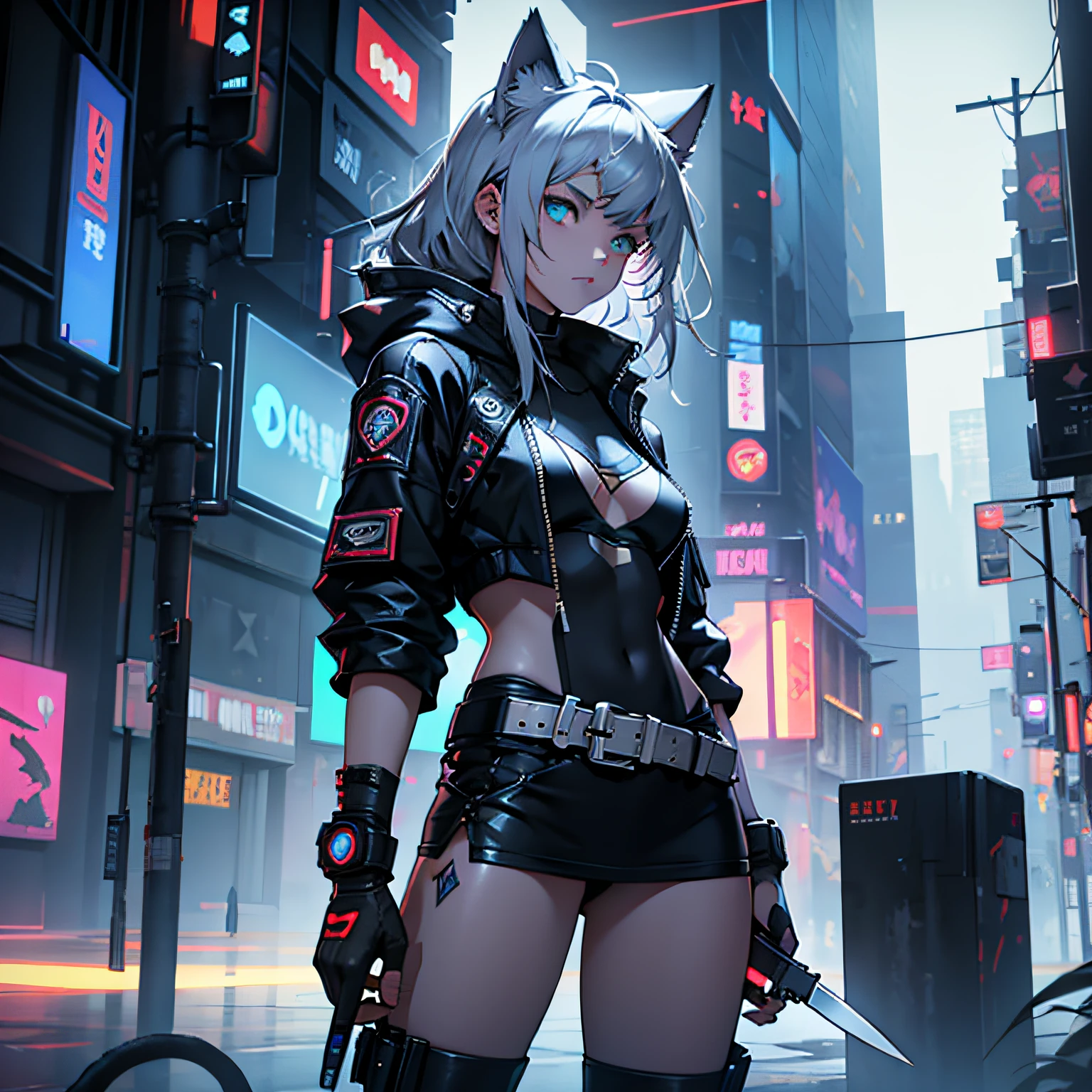 Cyberpunk girl，silber hair，cat ear，Hold a knife in both hands，Wear armor，fansty world，The colors are gloomy，epic sense --auto