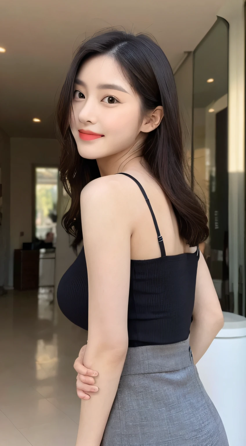 A girl around 34 years old,simplicity,Extremely beautiful and delicate,(light make-up),black color hair,A sweet smile,Delicate and beautiful fair skin,Realistic and realistic,exquisite and complete facial features,Detailed depiction of the face,tall nose bridge,Red lips,Beautiful, gentle and beautiful girl,Smooth hair,Extremely delicate hair,Feminine temperament,Fill your face light,hyper realisitc,photorealestic,8K quality,extremy detailed,Realistic details,Works of masters,Realistic to the extreme,big breasts body,Beautiful,Pure desire,Stunning beauty,Peerless beauty,Highest image quality,8K分辨率,goddes,ssmile,Fine facial features,Hair over the shoulder,A brown-haired,Large long thick legs,(((High-waisted French top))),(((short skirt))),rays of sunshine,facing at camera,The body is well-proportioned and firm,Gentle eyes,exposing thighs,stand posture,Stand inside the mall,Full body photo