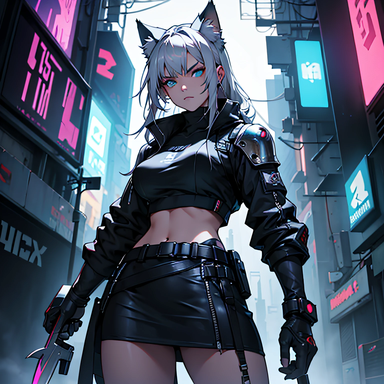 Cyberpunk girl,silber hair,cat ear,Hold a knife in both hands,Wear armor,fansty world,The colors are gloomy,epic sense --auto