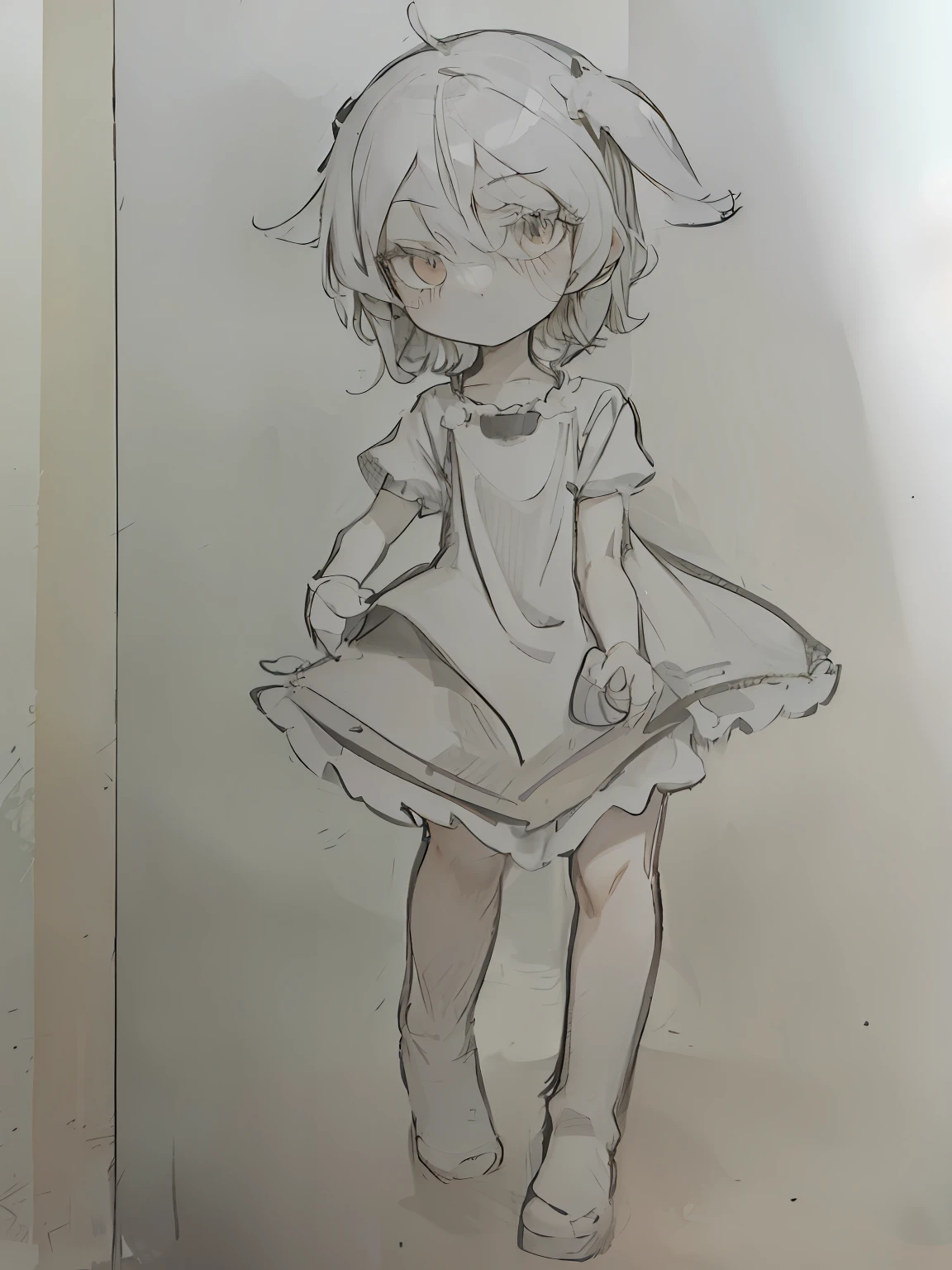 Painting of a girl in a cat's tail dress,loli in dress,small curvaceous loli,small loli girl,full body portrait of a short!anime sketch,sketched,old sketch,loose pencil sketch,flat anime style shading,Casual pose,Kagamine Rin,an anime drawing,chibi girl,anime style character,anime style drawing。