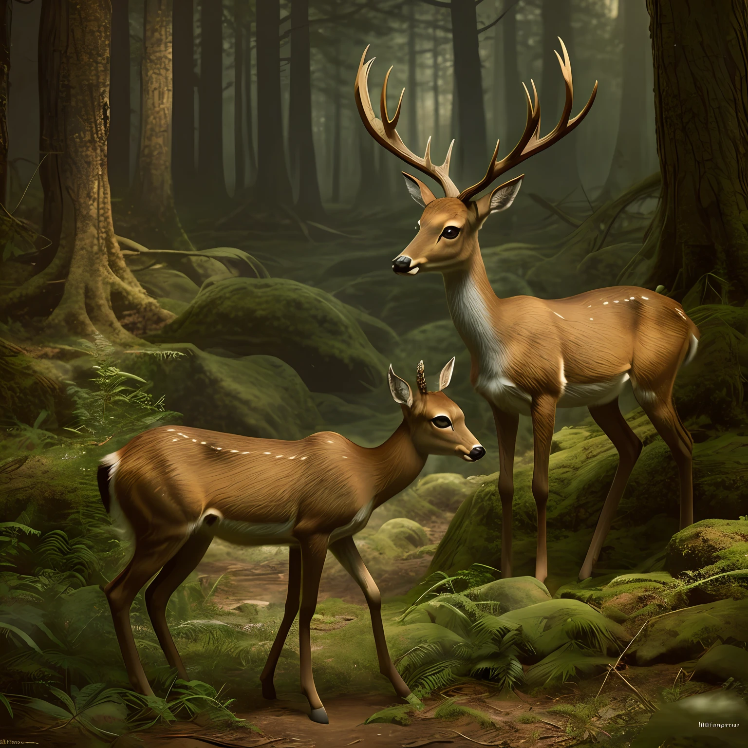 In the ancient forest, there is a small flower deer in realistic style --auto