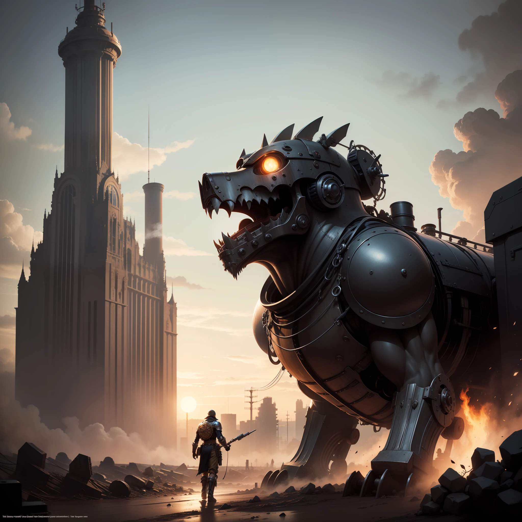 steampunc，eventide，Steam engine combat vehicle，Giant phobia，Sense of oppression，high high quality，high detal，style of anime.