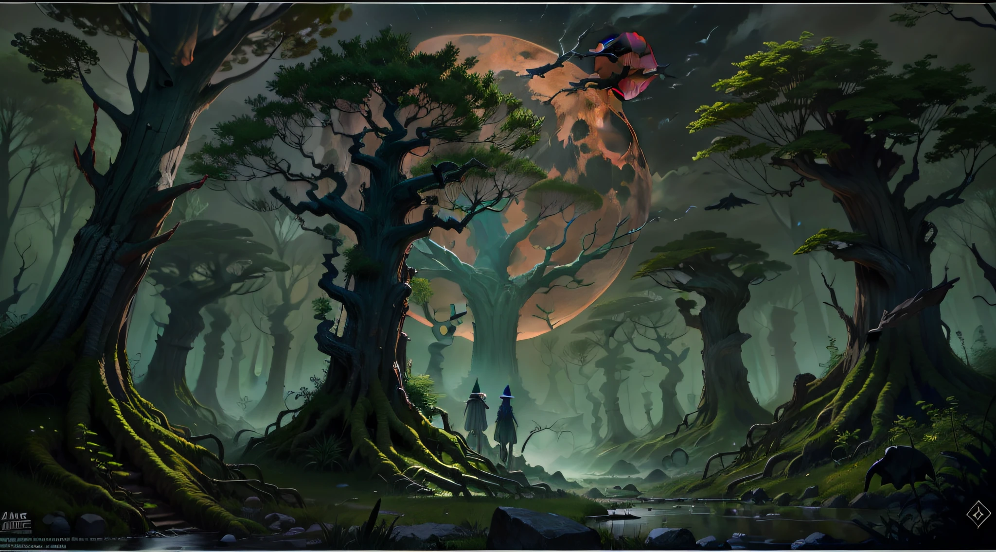 Na densa e aterrorizante floresta, where silence bows to fear, gigantic dead trees rise like sinister sentinels. Under the mantle of the blood moon in the sky, um espectro soturno permeia o ar, e o sussurro inquietante dos aprisionados eternos ecoa em cada canto, haunting those brave enough to enter this dark and enigmatic realm.