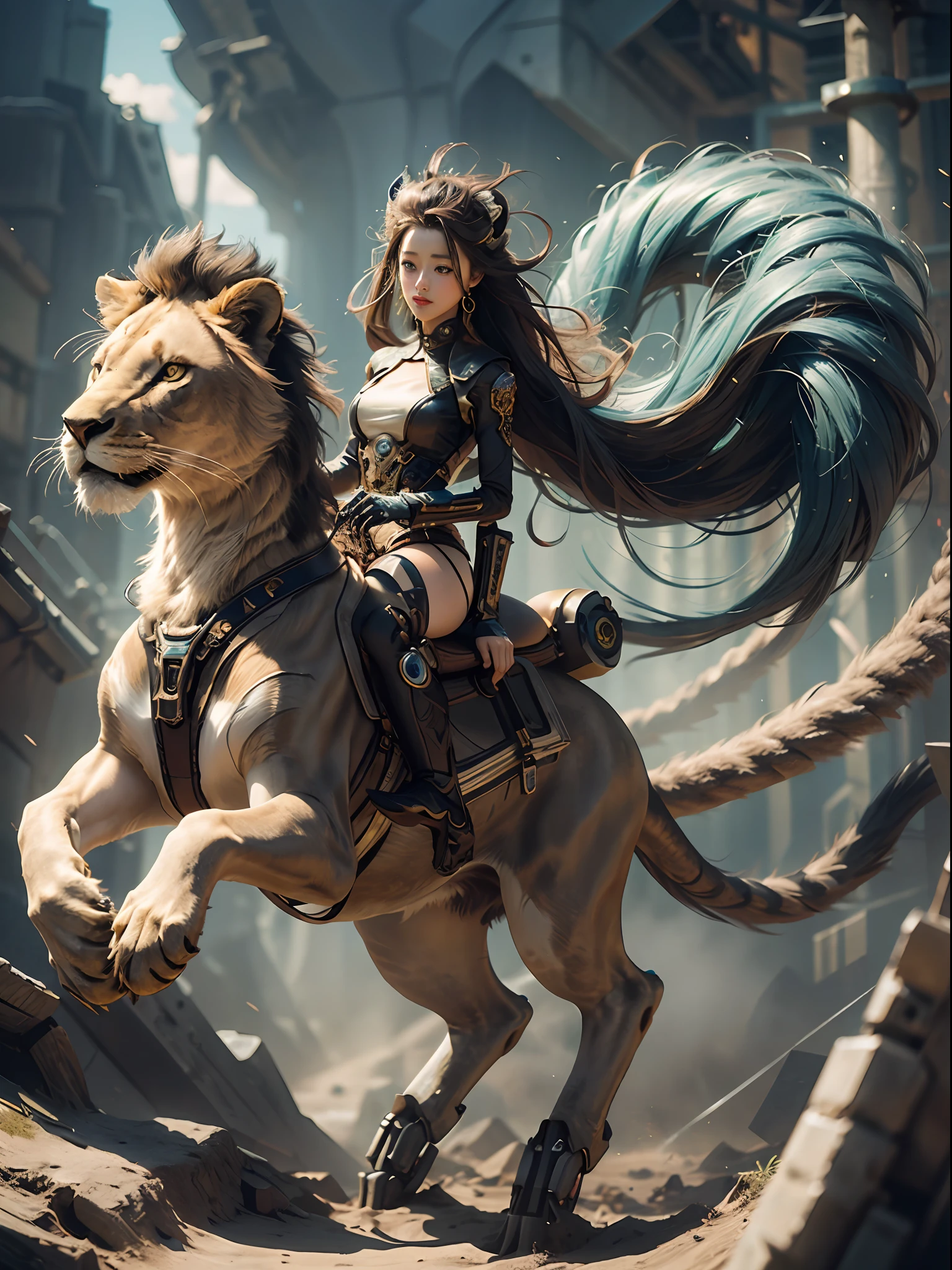 meccog, full shot, full body, best quality, masterpiece, ultra high resolution (photorealistic: 1.4), absurd, cinematic lighting (best long shot of a mechanical girl), (koh_amberheard: 0.9) ,incredibly detailed face,fantasy sci-fi creature,hyper-realistic,steampunk,intricate design,incredibly detailed,fine detailing,beautiful,pretty face, girl riding on a lion,