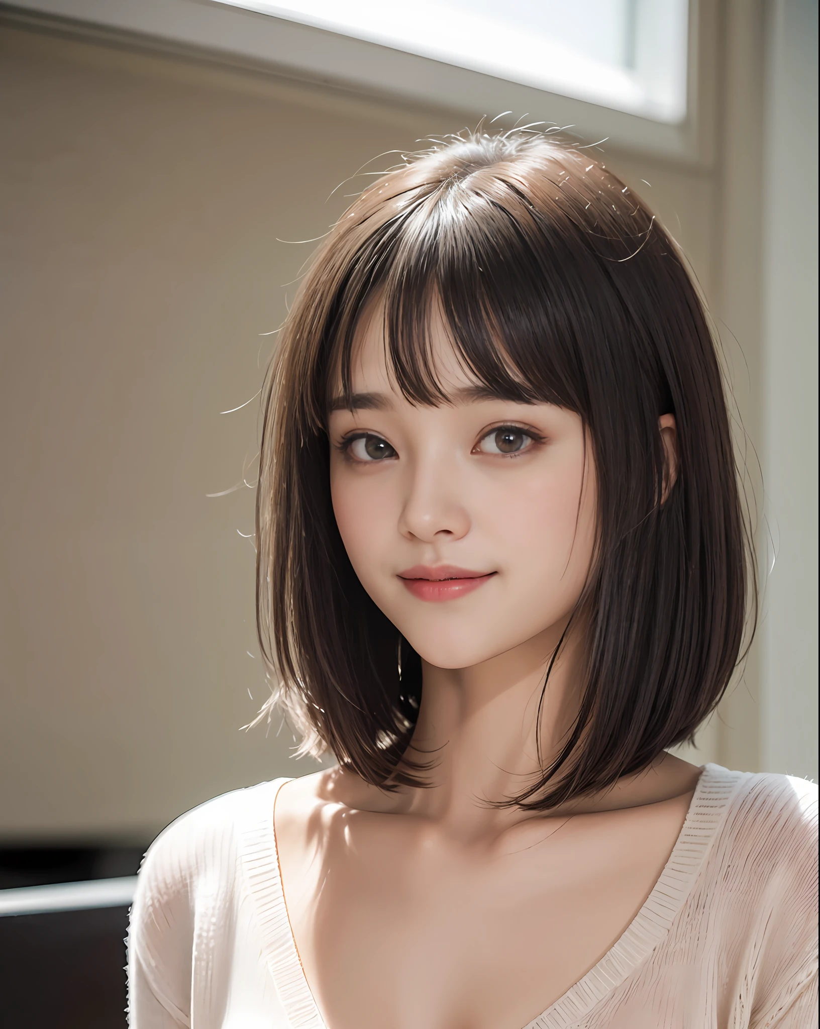 top-quality、Photorealsitic、8K、超A high resolution、((((Girl 1)))) a person、femele、(Dents in the skin)、(portlate:0.6)、a gorgeous、(((large full breasts、Colossal tits、A sexy)))、((Short straight hair、Parted bangs:1.8) ))、looking looking at viewer、(The background is the interior of the café),(One girl's eyes looking at viewer:1.6)、Photorealsitic、(bokeh dof)、(a closed mouth:1.6)、a gorgeous、pureerosface_v1、(8K、top-quality、masterpiece:1.2)、(realisitic、Photorealsitic:1.37)、ultra-detailliert、1a person、cute little、独奏、Bending down、A slender、date、(Nasal blush)、 (A smile:1.15)、(a closed mouth)、、Gaze staring at the camera、Chest staring at camera、Fine and beautiful eyes、Large, Round eyes、Distinct double eyelids、Lashes、Wet、Transaction service、(short-hair:1.2)、Float NovaFrogStyle、toppless、bangss、long neck、Happy smile、closes mouth、Clean face、Realistic skin type、Realistic texture、unbuttons、Light pink lip、22year old、college aged、No shadows on the face、natural soft light、Highlights in the eyes、not thick upper lip、Highlights on the mouth、lipgloss、((Wearing a sweater with vertical stripes,Sweater that kills virgins))