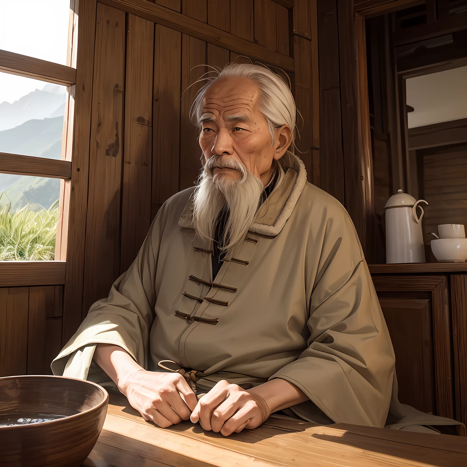The head of an ancient Chinese old man,He wore a worn-out long horse coat,Sitting in a deep mountain house,There are a lot of bamboo Janes in the house。 His face was wrinkled,is a wise man,The face is clear and plain,Shabby long horse coat --auto