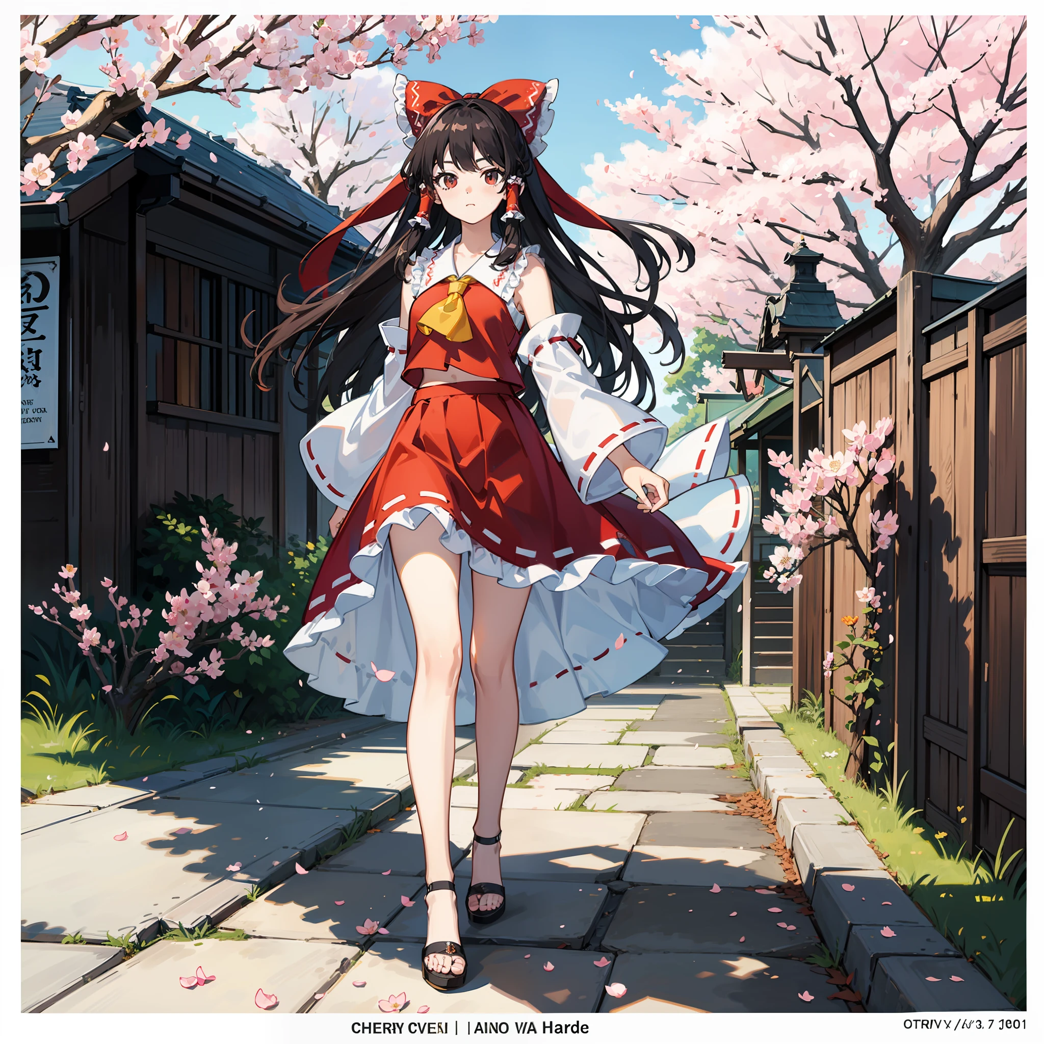 masterpiece, fine detail, 4k, 8k, 12k, solo, two people, beautiful girl, white female, Reimu Hakurei, 🌸, cherry blossoms, spring, tarot card style