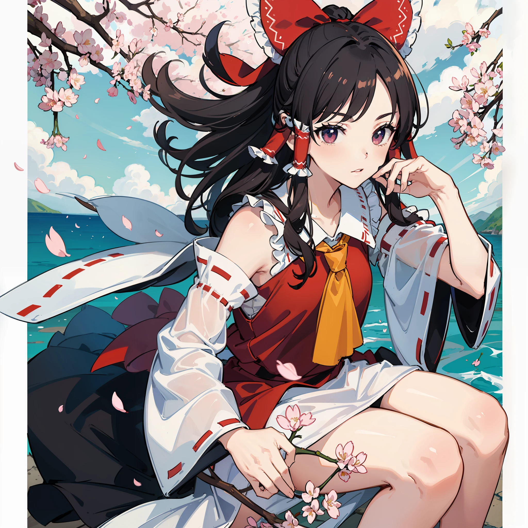 masterpiece, fine detail, 4k, 8k, 12k, solo, two people, beautiful girl, white female, Reimu Hakurei, 🌸, cherry blossoms, spring, tarot card style