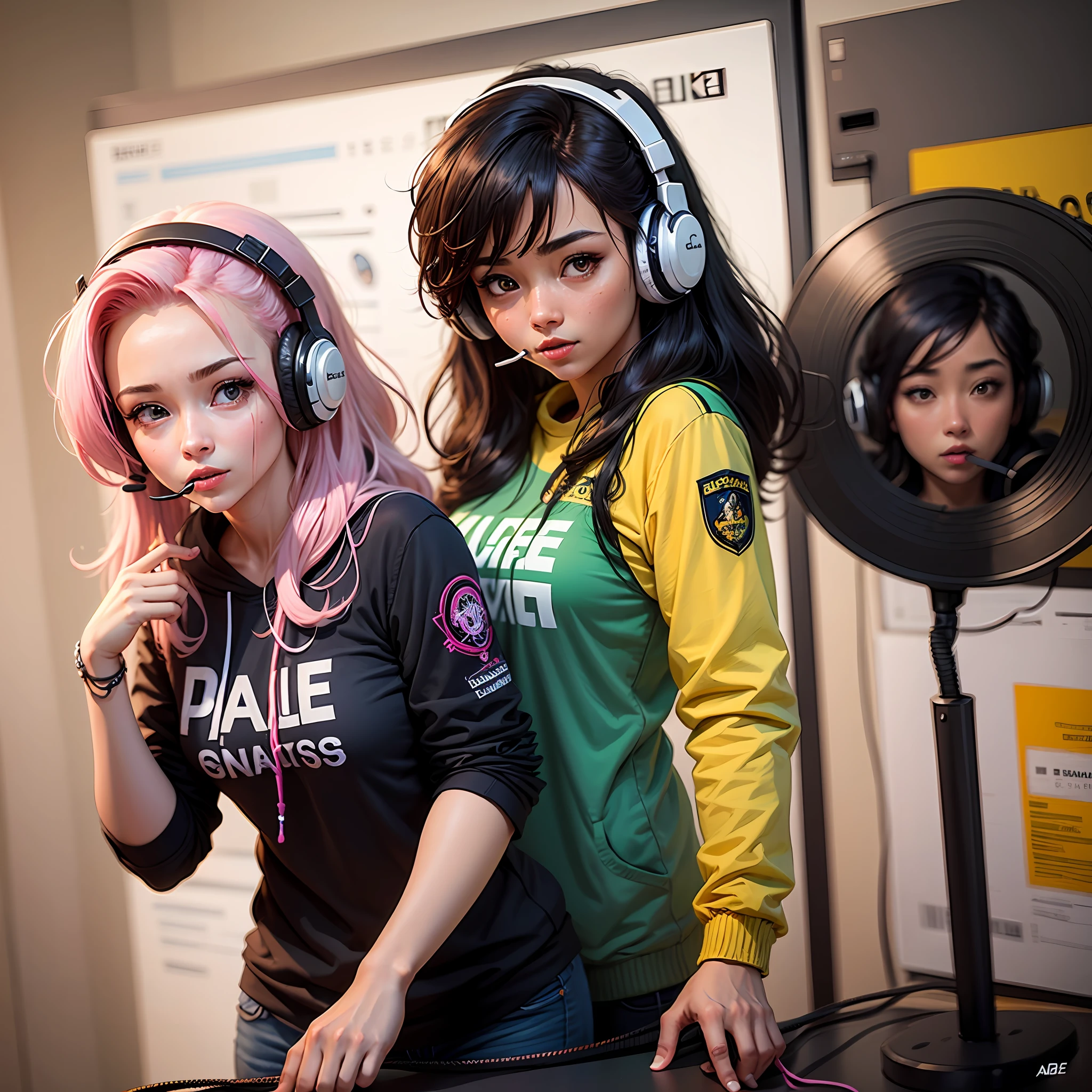 streamer, cabelos longos, cabelo castanho, headset rosa, cabelo preto, pele branca, hd, melhor imagem, imagem realista, streamer twitch, mulher