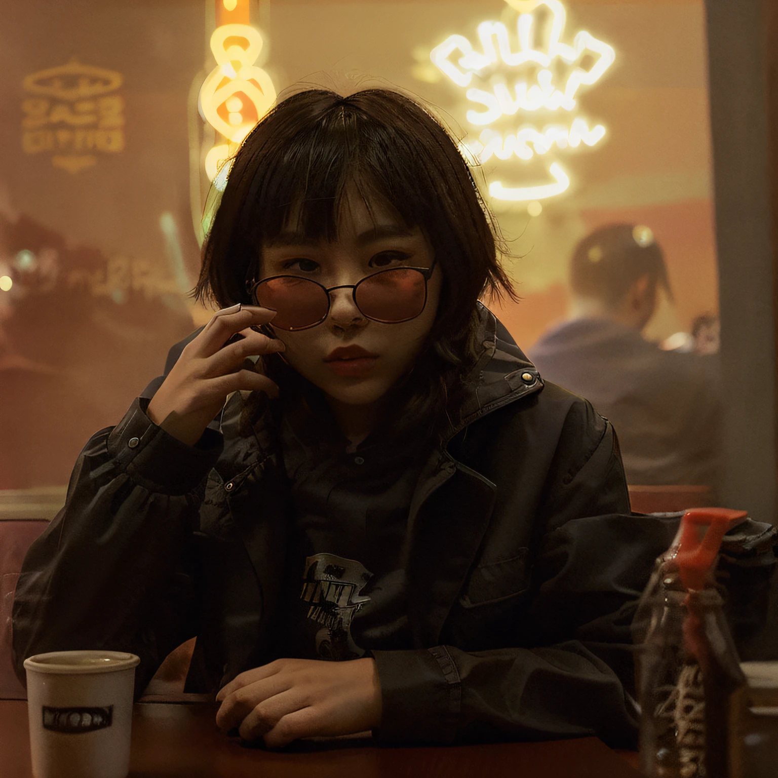 DSLR photo, alternative Korean girl sitting in a diner at night, cute face, black sunglasses, black jacket, cigarette in an ashtray on the table, seen through a window, NeonNoir, (backlit:1.1), hard shadow, masterpiece, best quality, Intricate, High Detail, 8k, modelshoot style, film grain,