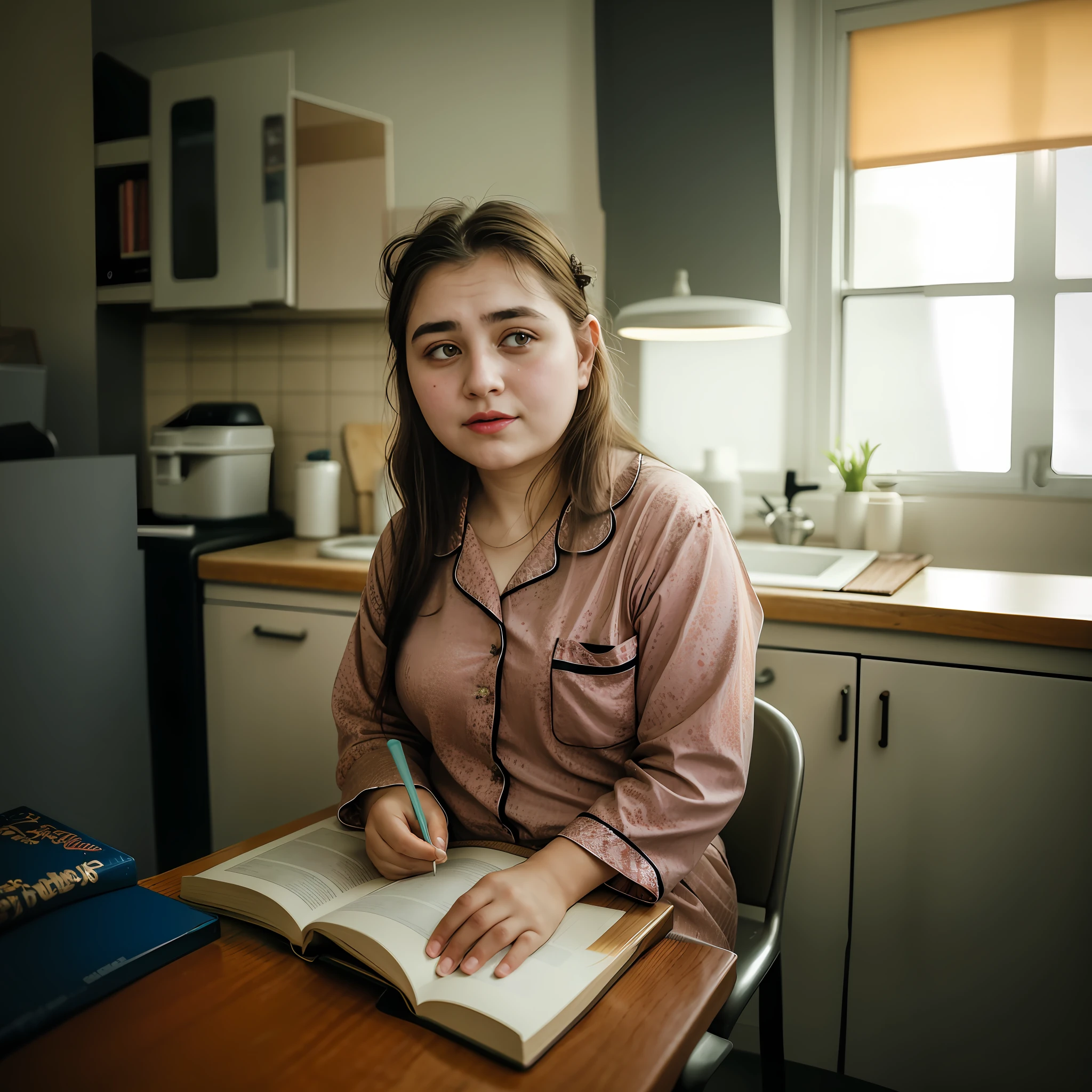 woman sitting at a table with a book and pen in her hand, book portrait, mid shot portrait, taken with canon 5d mk4, photo of young woman, portrait shot, trying to study, photo portrait, studyng in bedroom, shot on sony a 7 iii, color portrait, studious chiaroscuro, taken with canon eos 5 d mark iv