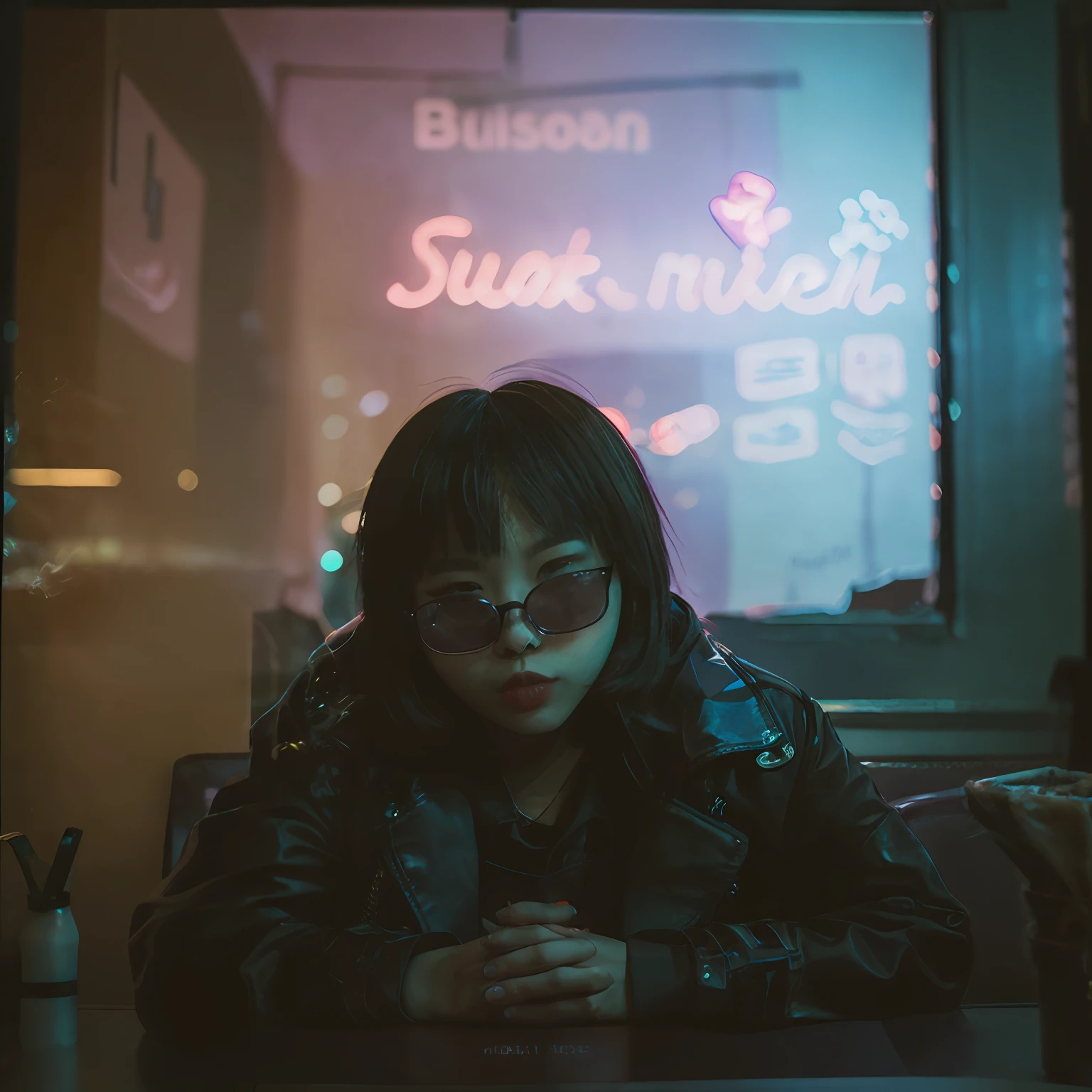 DSLR photo, alternative Korean girl sitting in a diner at night, cute face, black sunglasses, black jacket, cigarette in an ashtray on the table, seen through a window, NeonNoir, (backlit:1.1), hard shadow, masterpiece, best quality, Intricate, High Detail, 8k, modelshoot style, film grain,