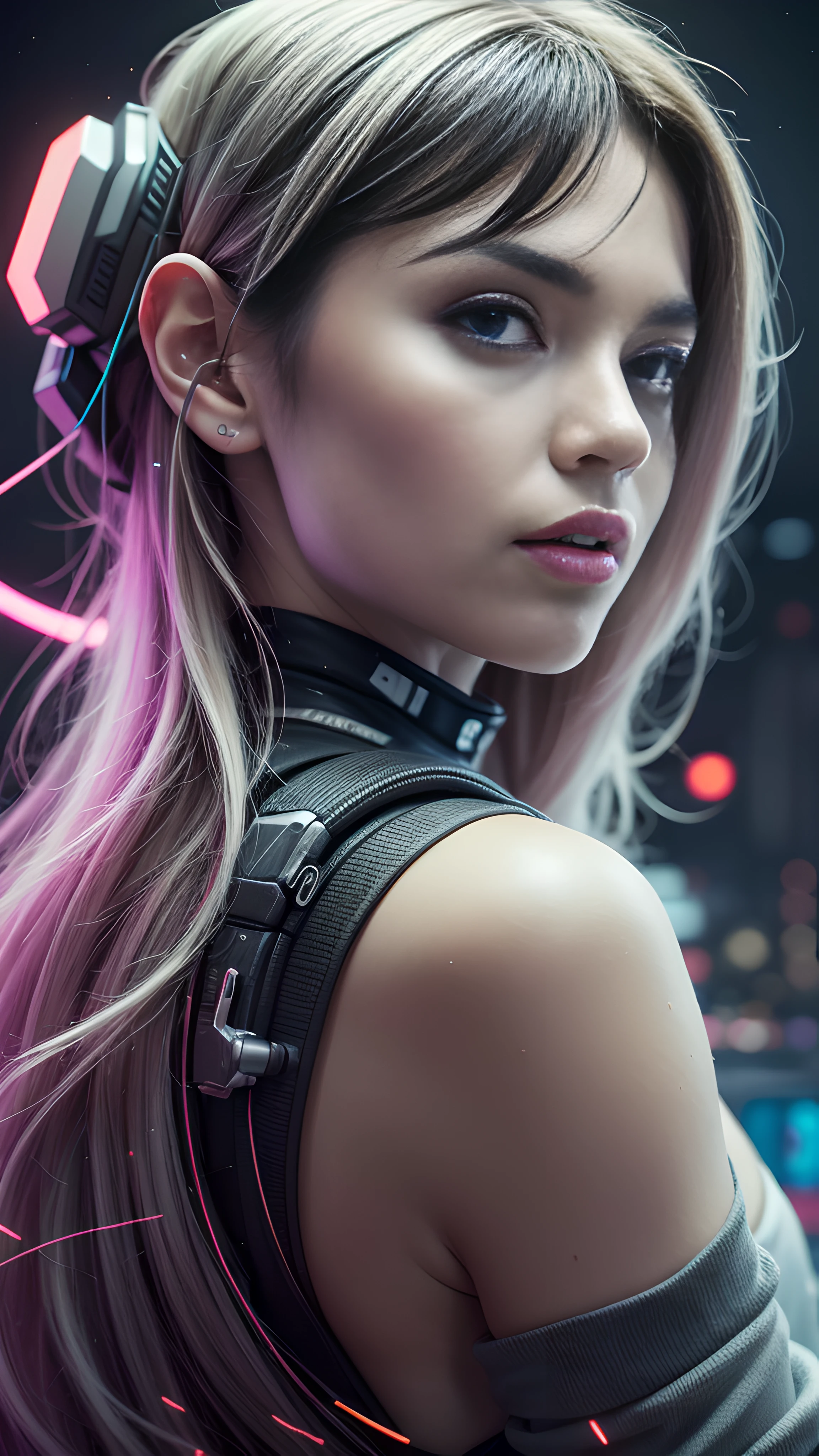 ((Best quality)), ((masterpiece)), (highly detailed:1.3), 3D, beautiful (cyberpunk:1.3) female hacker with thick voluminous hair operating a computer terminal, computer servers, LCD screens, fibre optic cables, corporate logos,HDR (High Dynamic Range),Ray Tracing,NVIDIA RTX,Super-Resolution,Unreal 5,Subsurface scattering,PBR Texturing,Post-processing,Anisotropic Filtering,Depth-of-field,Maximum clarity and sharpness,Multi-layered textures,Albedo and Specular maps,Surface shading,Accurate simulation of light-material interaction,Perfect proportions,Octane Render,Two-tone lighting,Low ISO,White balance,Rule of thirds,Wide aperature,8K RAW,Efficient Sub-Pixel,sub-pixel convolution,luminescent particles,
