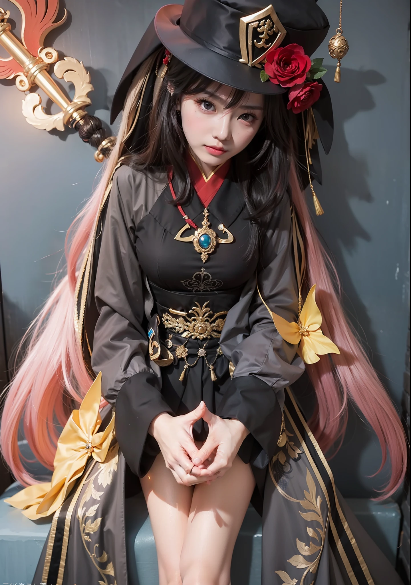 1girl, Fantasy, Red eyes, Hu Tao, Genshin Impact character, Staff Of Homa, Beauty face detail, Realistic, Ultra detail, Realistic Body, Finger Detail, Same outfit detail, same pose detai, 70mm lens