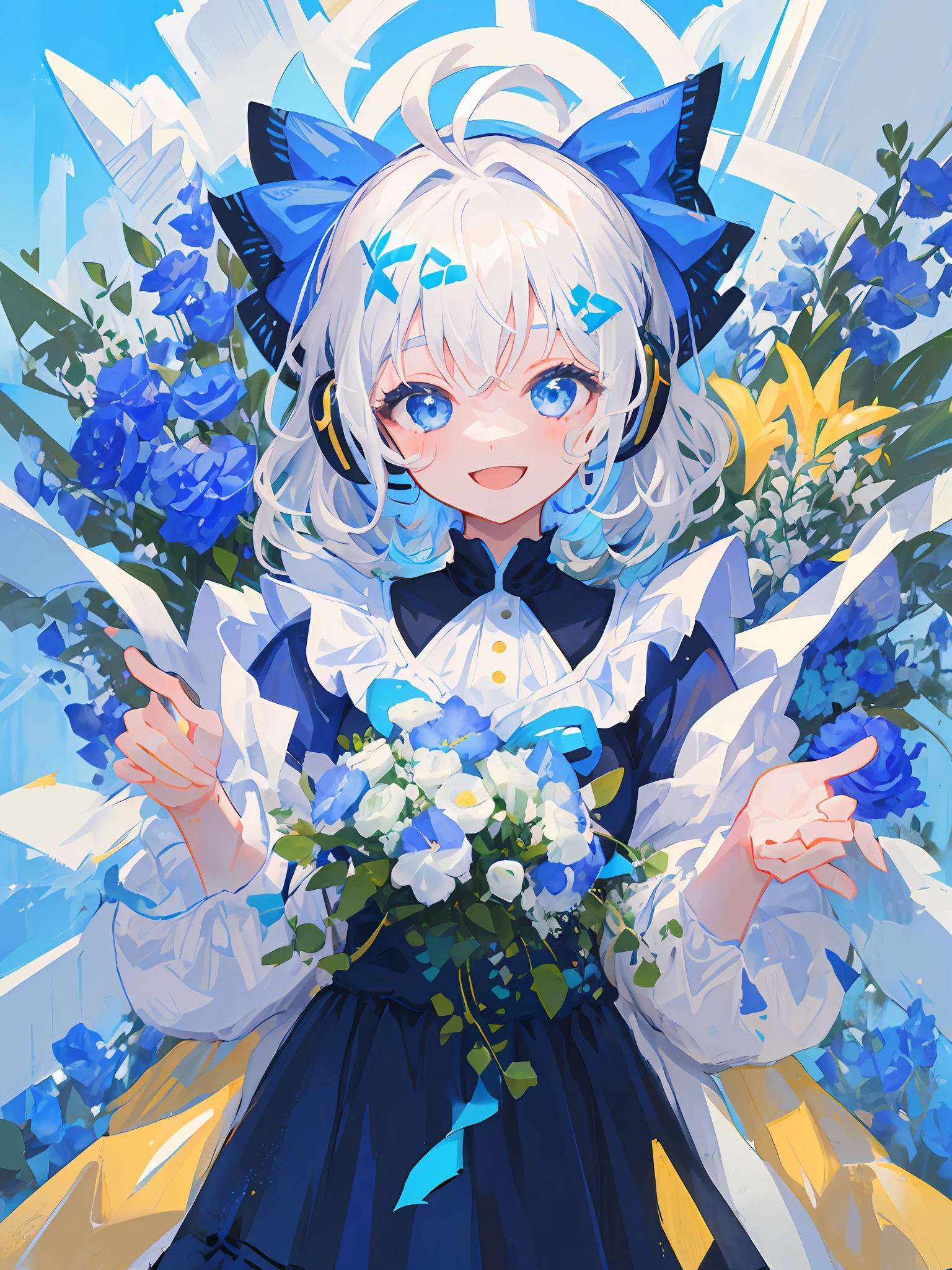 main character, 1girl,wavy short hair, White hair(Blue hair chips), Blue big hair ribbon, Ahoge, Happy face, Blue eyes, a smile, Black headphones, Blue Maid Outfit, happiness, Have a bouquet of blue and white flowers, bouquet, holding with both hands,