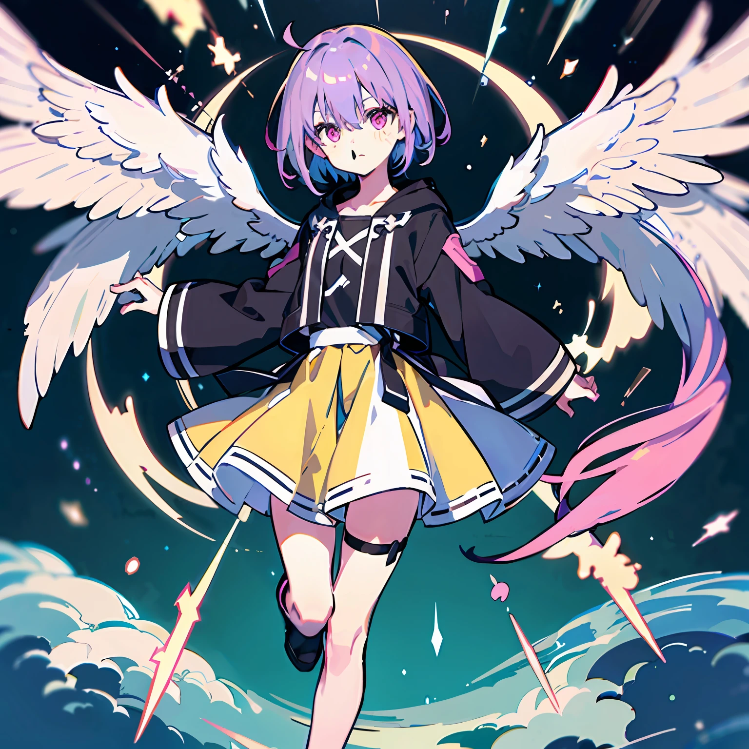 (masterpiece、hightquality、hight resolution、Top image quality)、Light purple hair、perfect anime illustration、voluminous short hair Twin-tailed、pixiv、The ultra-detailliert、ultra -detail、Bright eyes、4K Full HD、Pink eyes、Planktonic、(a high chroma)、full body Esbian、The best lighting、Best Shadows、angelicales、Rough clothing