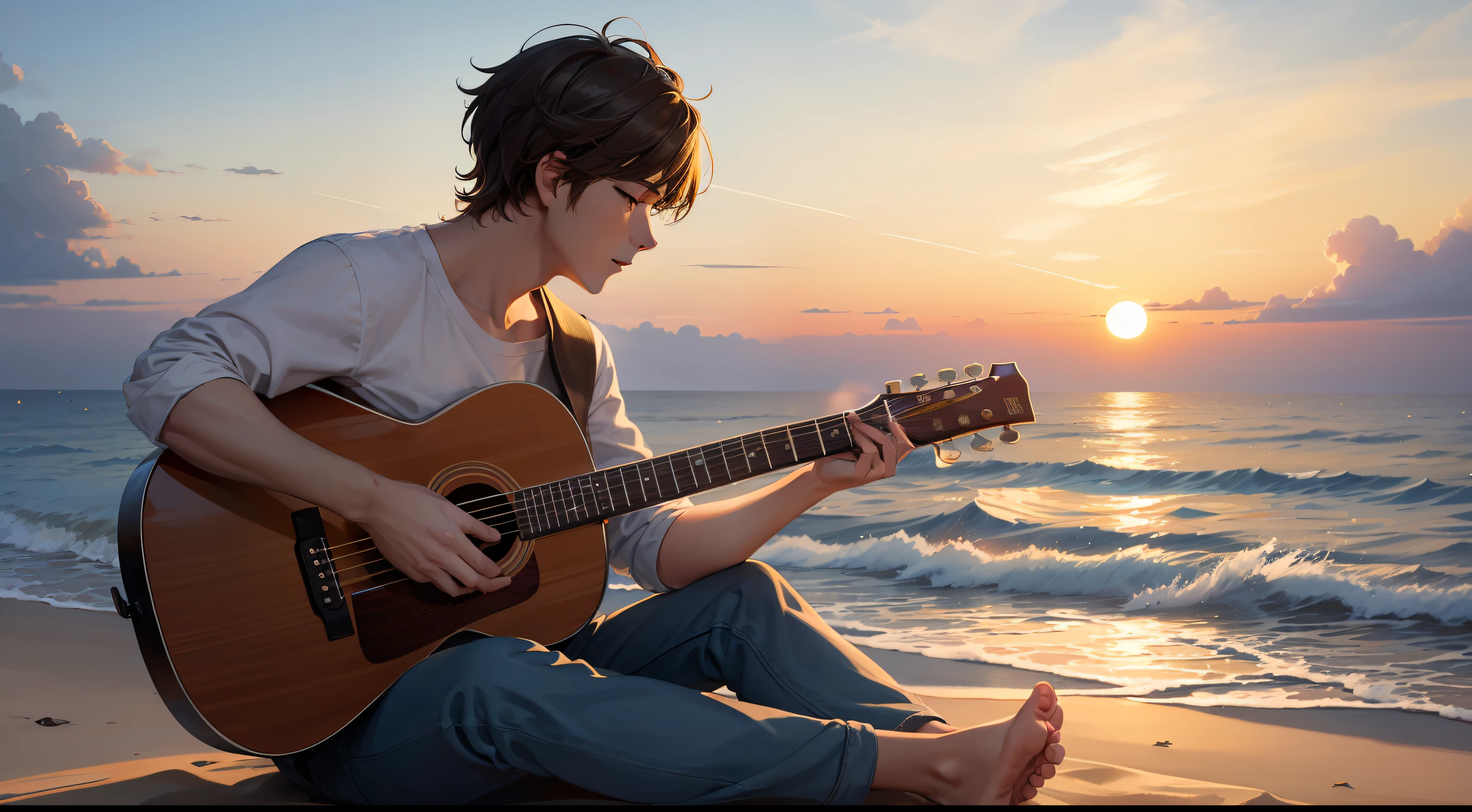 A man plays guitar on a golden beach,Accompanied by the sound of the waves and the sight of sailboats,A beautiful sunset is gradually falling。