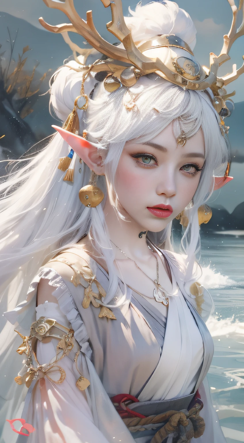 beautiful backgroud ,Golden eyes，Golden beanie eyebrows，white color hair，Elf ears,Ancient Chinese beauties standing by the river，Wearing Chinese costumes，Flowing tulle，Light silk，Lazy posture，crane，Ink painting style，Clean colors，Decisive cut，Leave white space，impressionistic，tmasterpiece，Super verbose，Epic composition，high high quality，HighestQuali，4k --v 6