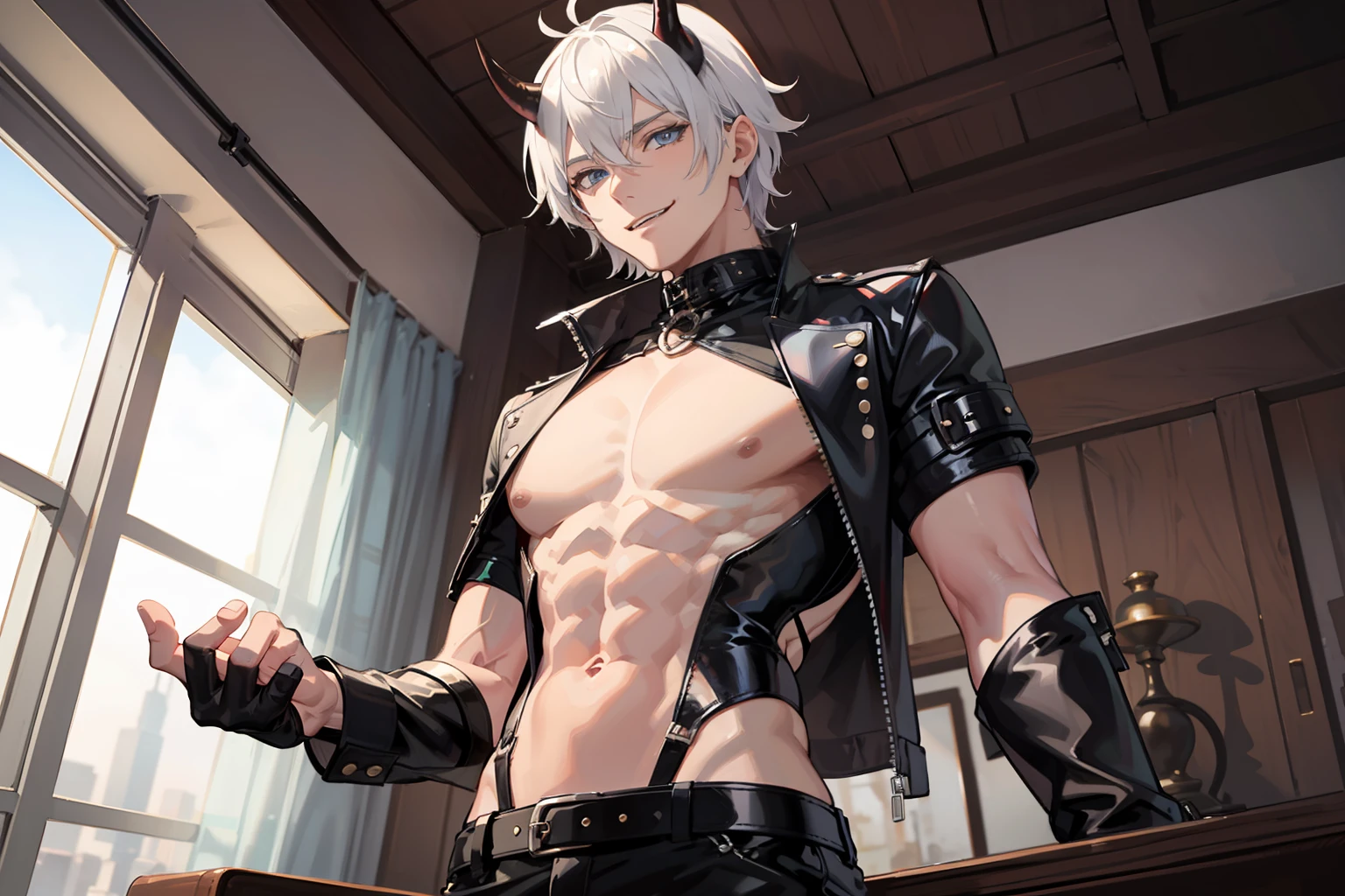 mature male, Demon, white colored hair, Short hair, Horns, blue eyes, demon wings, Seduction Smile, topless male, muscular, leather belts, BDSM, leather pants, (view from bottom:1.5)