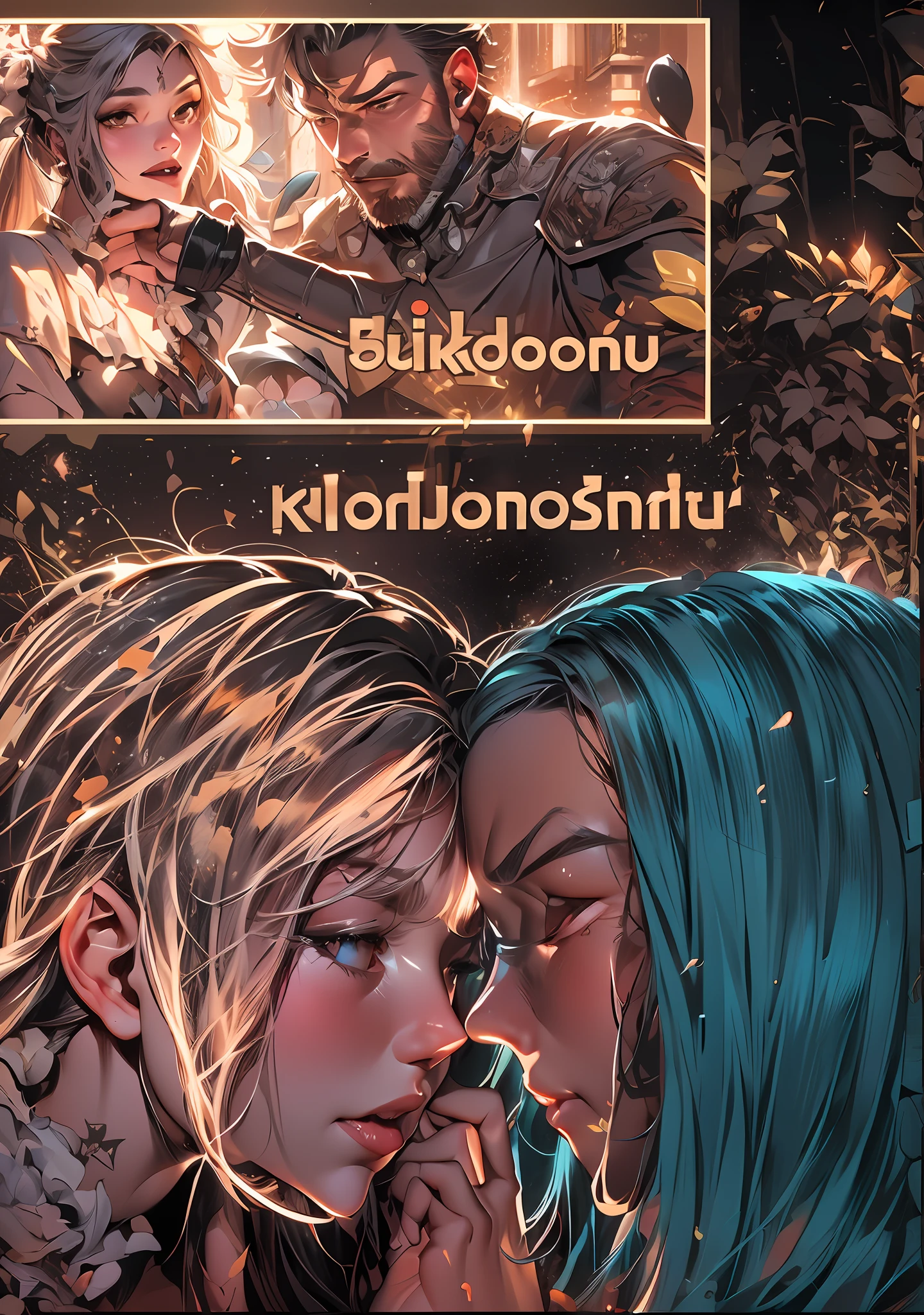 there are two pictures of a man and a woman kissing, comic artstyle, art cover, comic illustration, comic book:.2, digital comic, cover illustration, art cover illustration, comic artwork, comic cover, digital art. colorful comic, illustrated novel, comic book's cover, comic digital art, [ digital art ]!!, comic page, color comic,masterpiece, best quality, (extremely detailed CG unity 8k wallpaper), (best quality), (best illustration), (best shadow), absurdres, realistic lighting, (Abyss), beautiful detailed glow