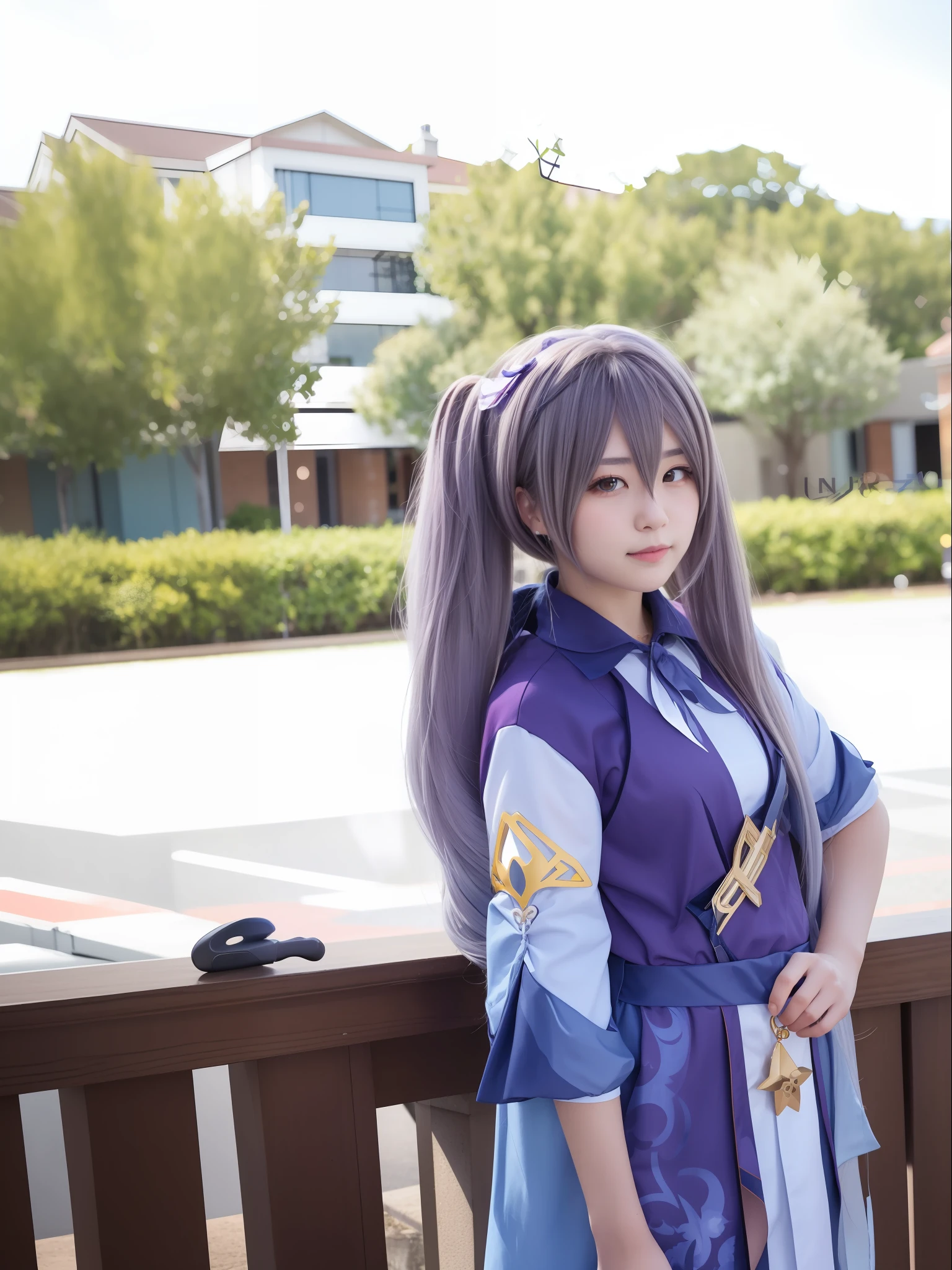 there is a woman that is standing in front of a building,Long hair,cosplay