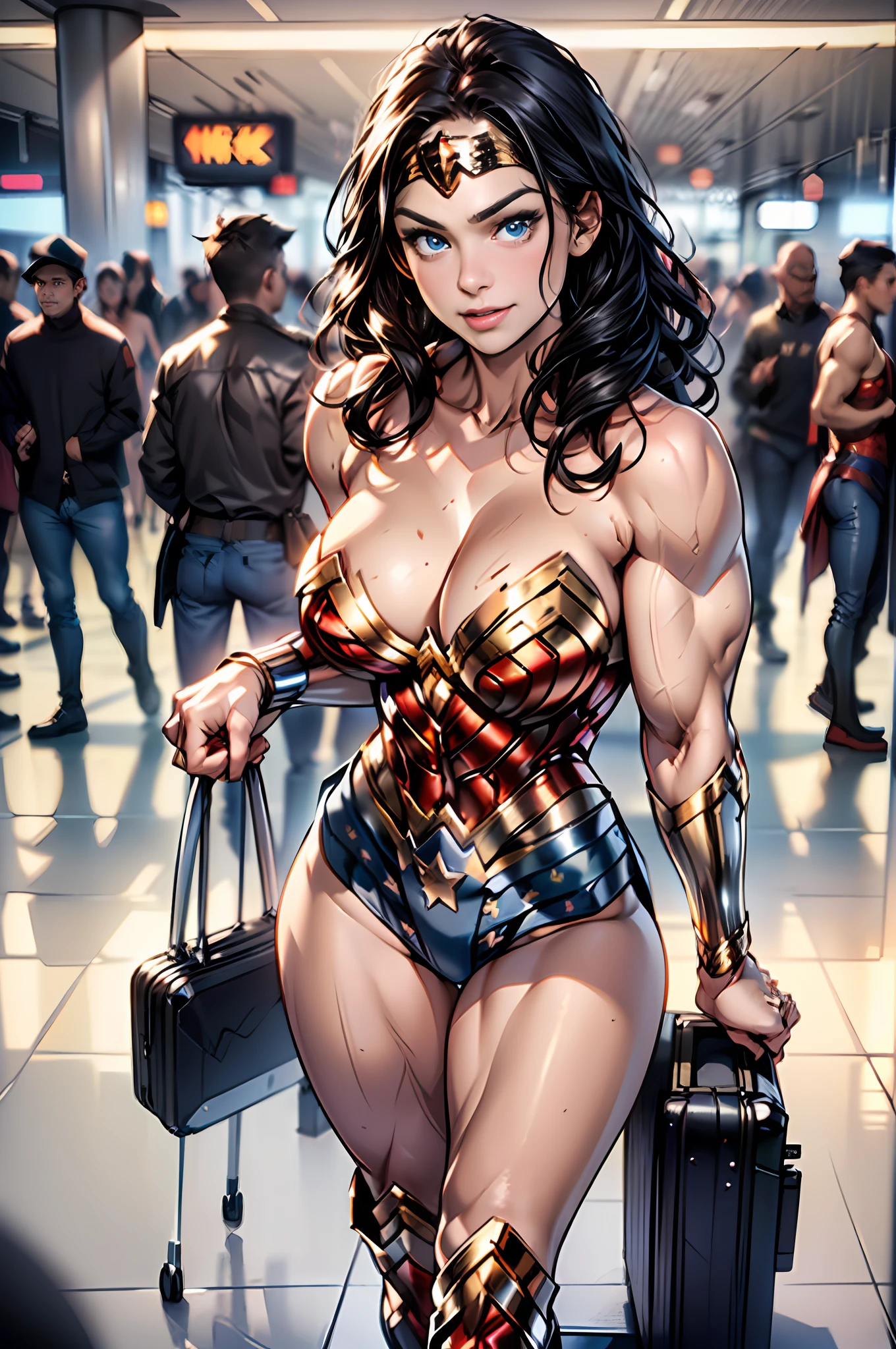 ((full body, standing):1.5), {(1woman)}, only she is {((a wonder woman wearing a tiara, red and gold bustier, blue leotard with white stars, silver bracelets, (Red knee high boots:1.2), golden belt, (Wonder Woman clothing:1.0))), she has ((big breasts)), only she has ((Sexy, elastic muscles, (Muscular: 1.2), ((strong and healthy body)), ((((the more) Muscular))), Long leg, curved, (Big breasts: 1.3), cleavage, blue eyes, middle length black wavy hair, (light tan skin: 1.4))), ((doing erotic pose)), only she is smiling and staring at the viewer, ((at an airport, in the passenger arrivals area, several people with suitcase different in the arrivals area, chairs, people sitting))},16k, best quality, best resolution, best sharpness,