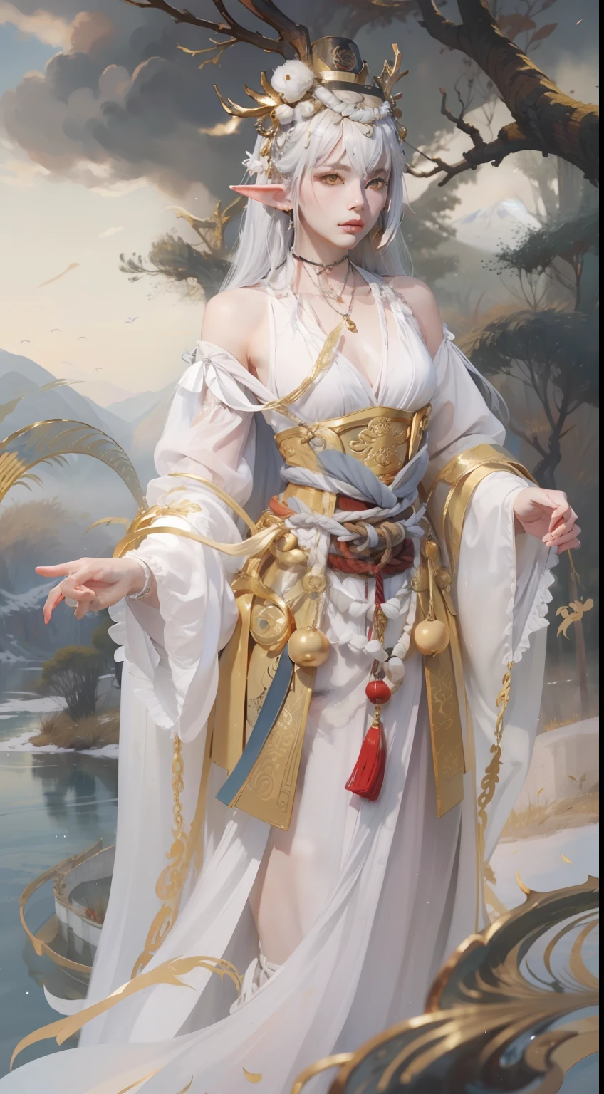 beautiful backgroud ,Golden eyes，Golden beanie eyebrows，white color hair，Elf ears,Ancient Chinese beauties standing by the river，Wearing Chinese costumes，Flowing tulle，Light silk，Lazy posture，crane，Ink painting style，Clean colors，Decisive cut，Leave white space，impressionistic，tmasterpiece，Super verbose，Epic composition，high high quality，HighestQuali，4k --v 6