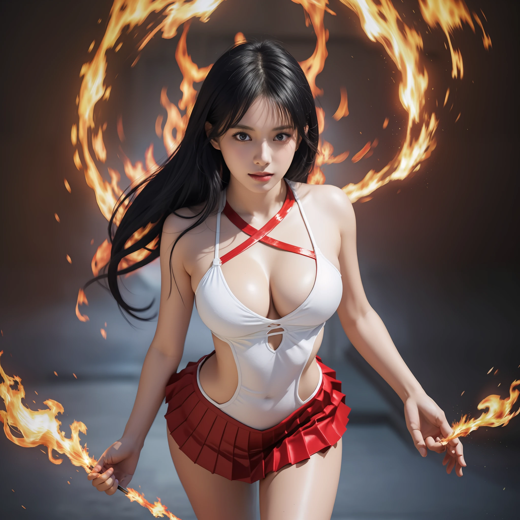 a woman in a red dress is flying through a spiral, ikki tousen, attractive matoi ryuko, gapmoe yandere, anime style like fate/stay night, yandere, rumiko, high quality anime artstyle, appears as the fire goddess, fire!! full body, made with anime painter studio, anime moe artstyle, black - haired mage, big boobs, gigantic boobs, busty, cleavage, show cleavage, skimpy dress, skimpy skirt, revealing clothes, smooth legs, long legs, slim body, good proportion body, sexy body, correctly rendered finger, correctly rendered limb, match body proportion, perfect body proportion, Realism, Hyperrealism, masterpiece, anatomically correct, super detail, high details, high quality, award winning, best quality, highres, 16k