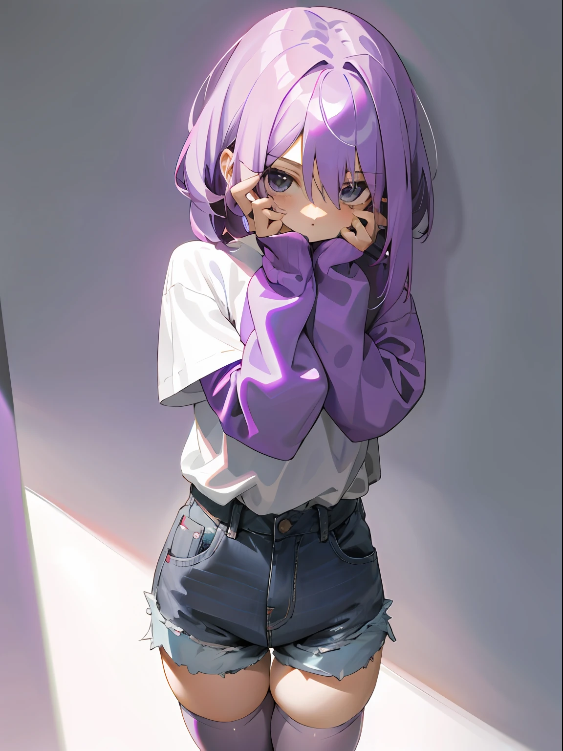 1girl, her hair color pinkish purple hair, white shirt, grey short shorts, light purple thigh highs, her covering her face with her hands acting shy