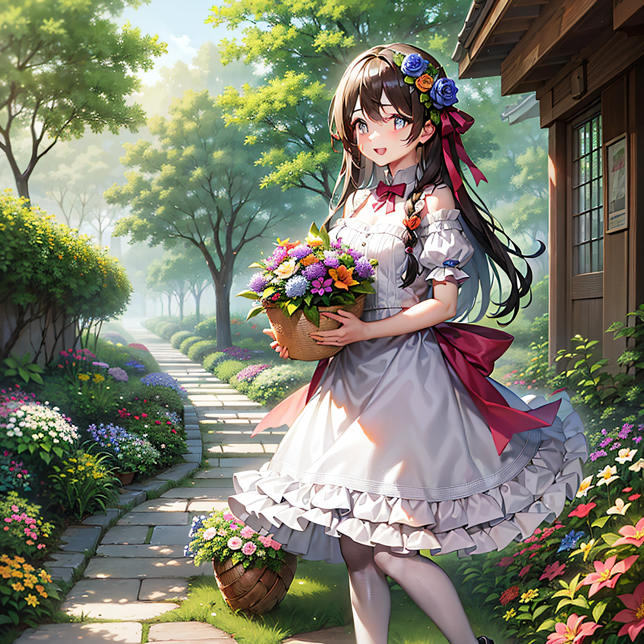 Beautiful girl wearing a light dress and comfortable cloth shoes，Holding a basket in his hand，Flowers are being picked in a flower garden。She stepped lightly among the flowers like a little fairy，Jumping playfully。She gently places the flowers in the basket，While humming a ditty happily，While looking around with a playful gaze。The colorful flowers in the flower garden seem to be more colorful in her company，Her energy and joy add a lovely touch to this natural scene。