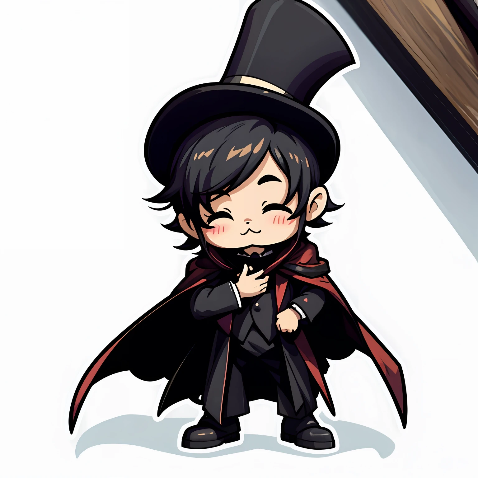 male people、He wears a black tailcoat、Black cloak、Top hat、He closes his eyes、White background、simple background、minimalistic、cute little、A tiny、PastelColors、vector image style、no gradien