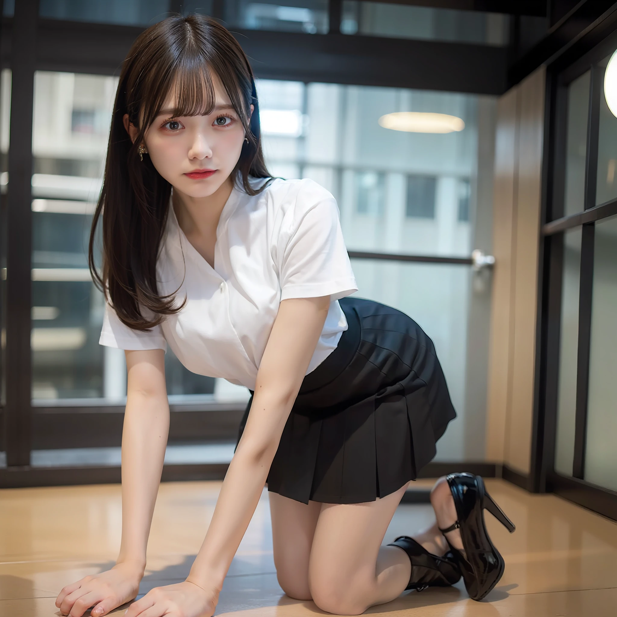 White shirt、Black tight skirt