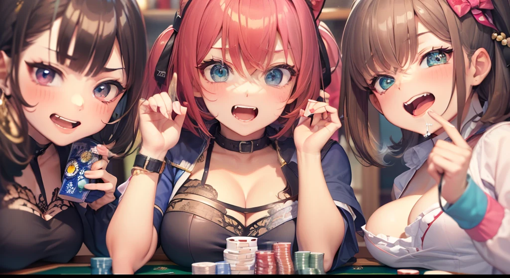 ((top quality)),((masterpiece)),((perfect face)),((background blur)),((kawaii)), nsfw, Four beautiful women, mahjong, sparring, luxury underwear, luxury dress, game, gambling, bottle of beer, lively, serious expression, scowling expression, flustered expression,Closeup, Expressions of joy, anger, sorrow, and pleasure, ((kawaii)), close up, Happy smile, shame, joy, fun,