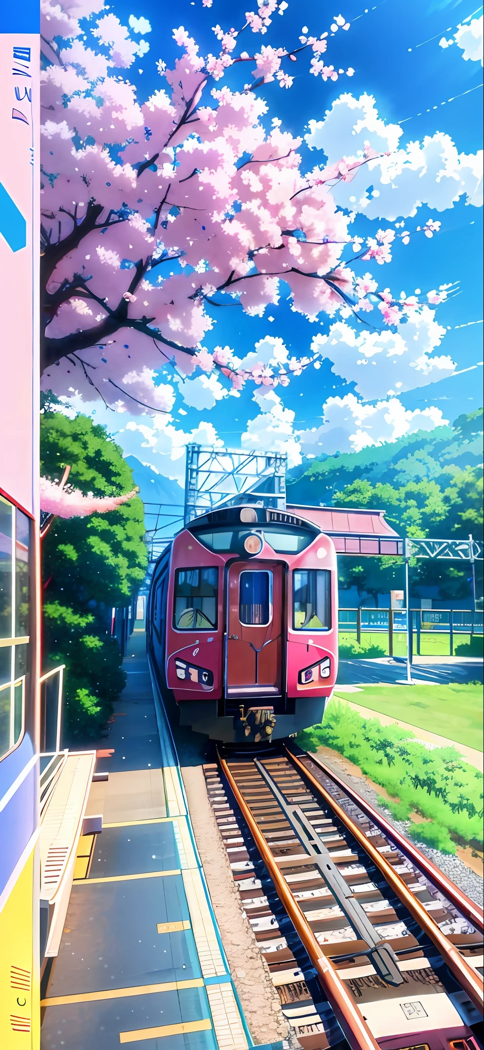 The train pulls into an anime scene with a cherry tree station, beautiful anime scenes, anime beautiful peace scene, anime backgrounds, colorful anime movie background, beautiful anime scenery, anime movie backgrounds, Anime background art, Anime art wallpaper 8 K, Anime wallpaper 4 k, Anime wallpaper 4K, 4K anime wallpaper, anime countryside landscape, Anime art wallpaper 4 K