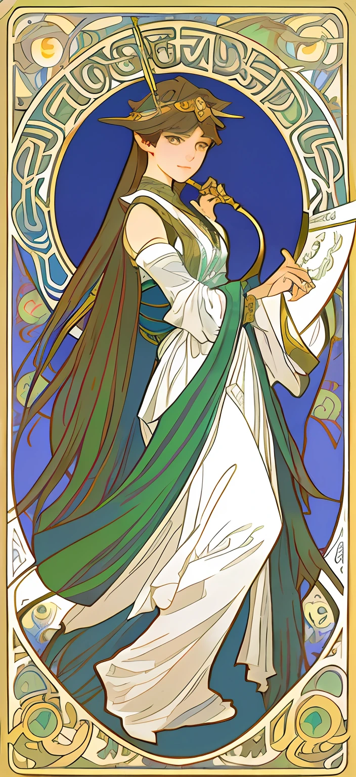 tmasterpiece,high high quality,非常详细的 CG 统一 8k 壁纸,Black battle robe girl,Complete the whole body,long whitr hair,Very handsome,Very scary,Flute in hand,Cold,Cold,cunning,The poster art was inspired by Alphonse Mucha、mucha style 4K、Alphonse mucha style、Demura and alphonse mucha style and flat shadow Mucha style。