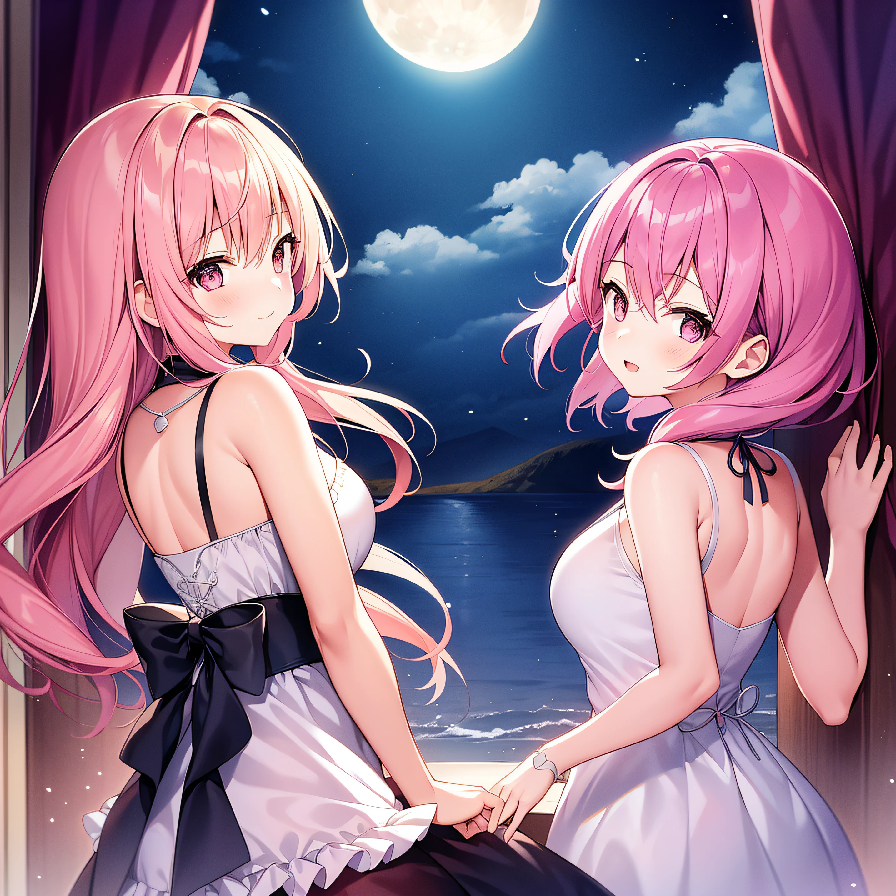 2girls,Pink hair,hug from behind、a moon