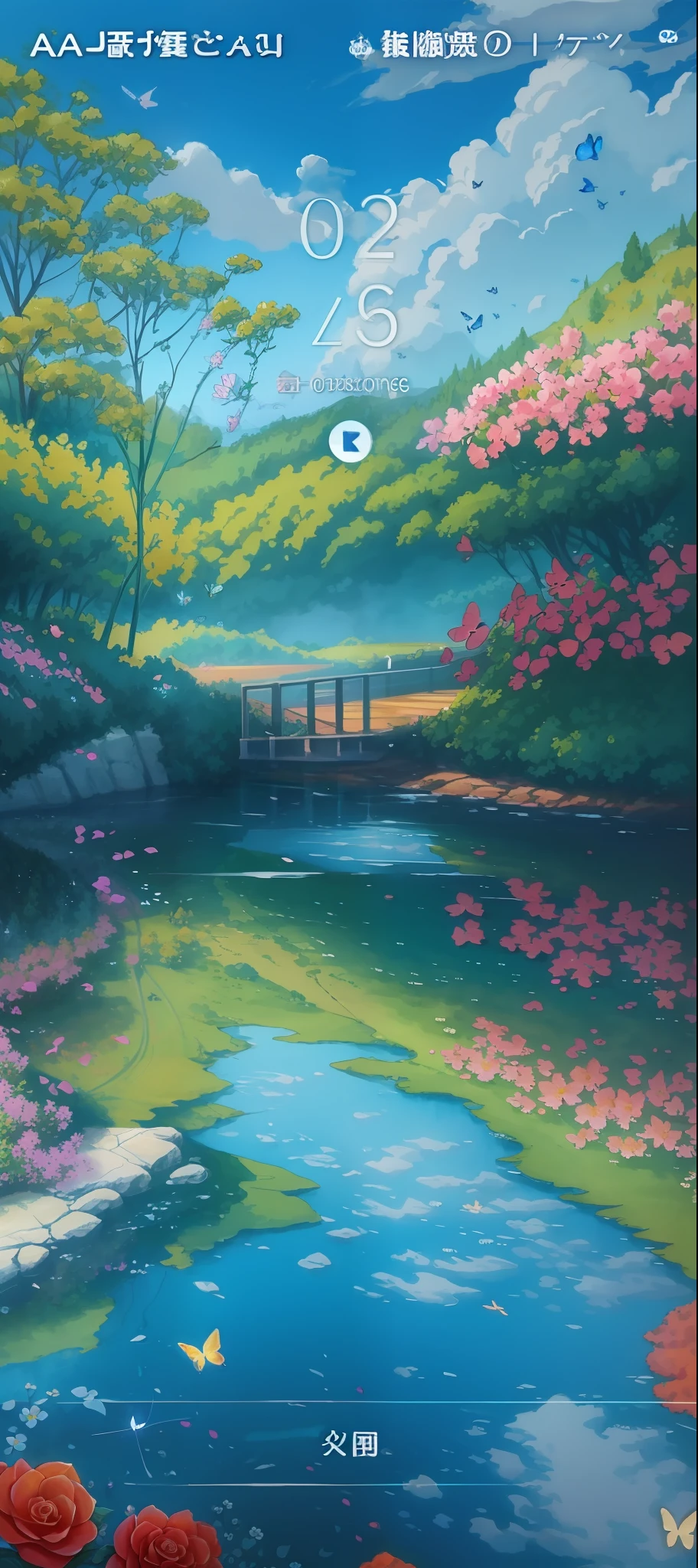 A close-up of a river painting with flowers and butterflies, scenery art detailed, a beautiful painting, Detailed painting 4 K, Anime background art, drawn in anime painter studio, Detailed scenery —width 672, landscape artwork, highly detailed water colour 8k, highly detailed water colour 8 k, anime beautiful peace scene, digital painting highly detailed
