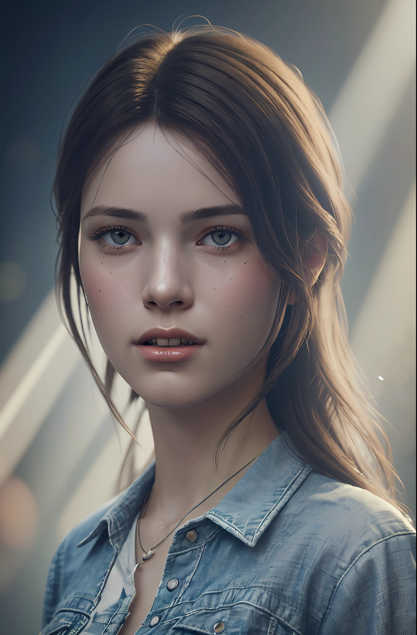 ultra highly detailed 1200k An image of a humble and happy 20 year old woman in tattered work clothes and a blotchy face and tousled hair, hyper realistic fantasy photography is all the rage on artstation, clear focus, studio photography, WLOP and Silver Ai Art, stunning masterpiece, fantasy art, fantasy visual key, fantasy photography, sunbeams, cinematic lighting, beautiful, 101K ultra detailed resolution, 3D shading, Unreal Engine 5, sf, trending on artstation, focus sharp, studio shot, intricate detail, highly detailed, by greg rutkowski