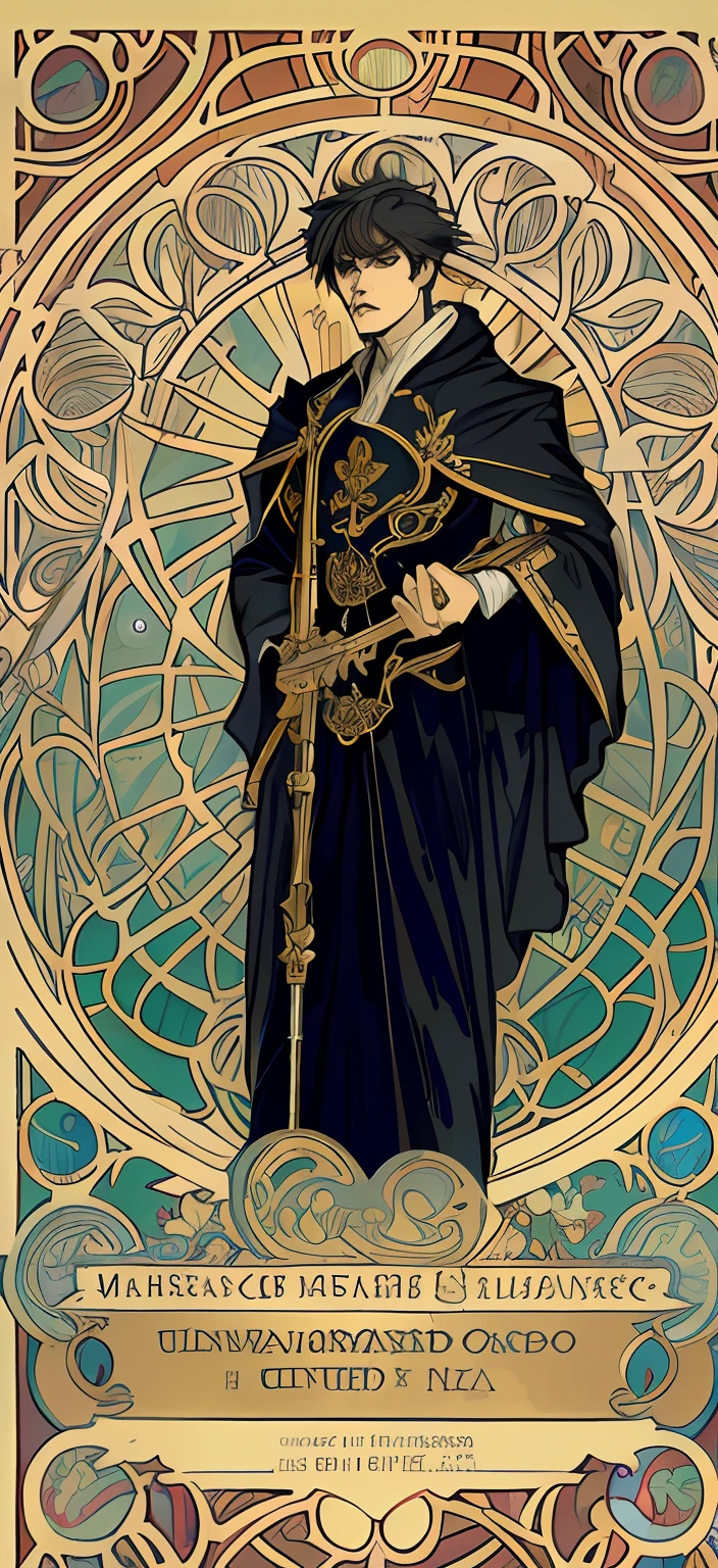 Masterpiece, high quality, very detailed CG unified 8k wallpaper, black battle robe male, full body, short hair, very handsome, very scary, holding flute, gloomy, cold, cold, cunning, poster art inspired by Alphonse Mucha, mucha style 4K, alphonse mucha style, demura and alphonse mucha style, and flat shadow mucha style.
