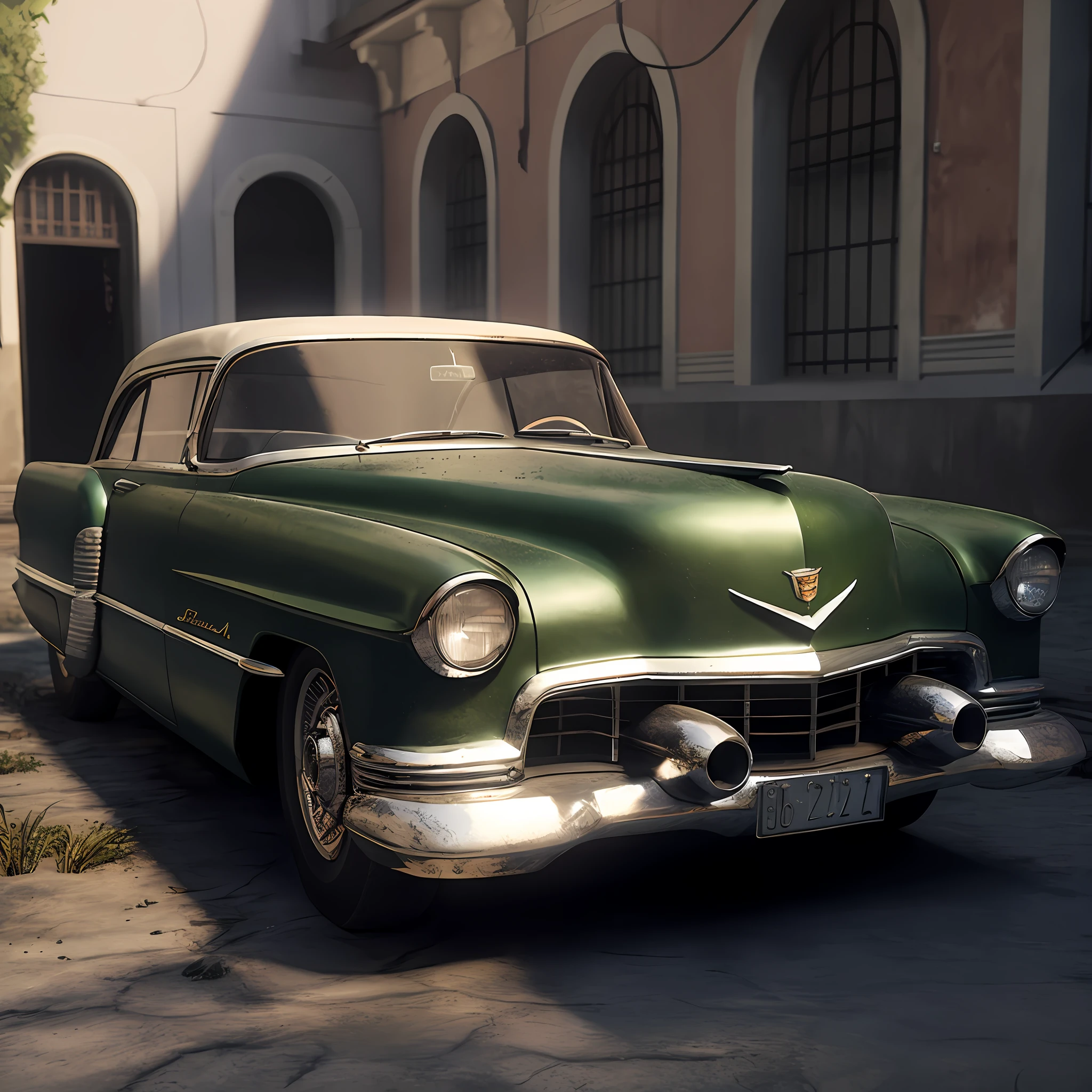 there is a green car parked in front of a building, Highly detailed hyperreal retro, realistic car, made in unreal engine 4, Photorealistic detail content, Unreal Engine. retro film still, realistic cinematic lighting, rendered in cryengine, Made by Unreal Engine, Volumetric and perfect illumination, rendered in unreal engine 4k hq, rendered in unreal engine 4 k hq