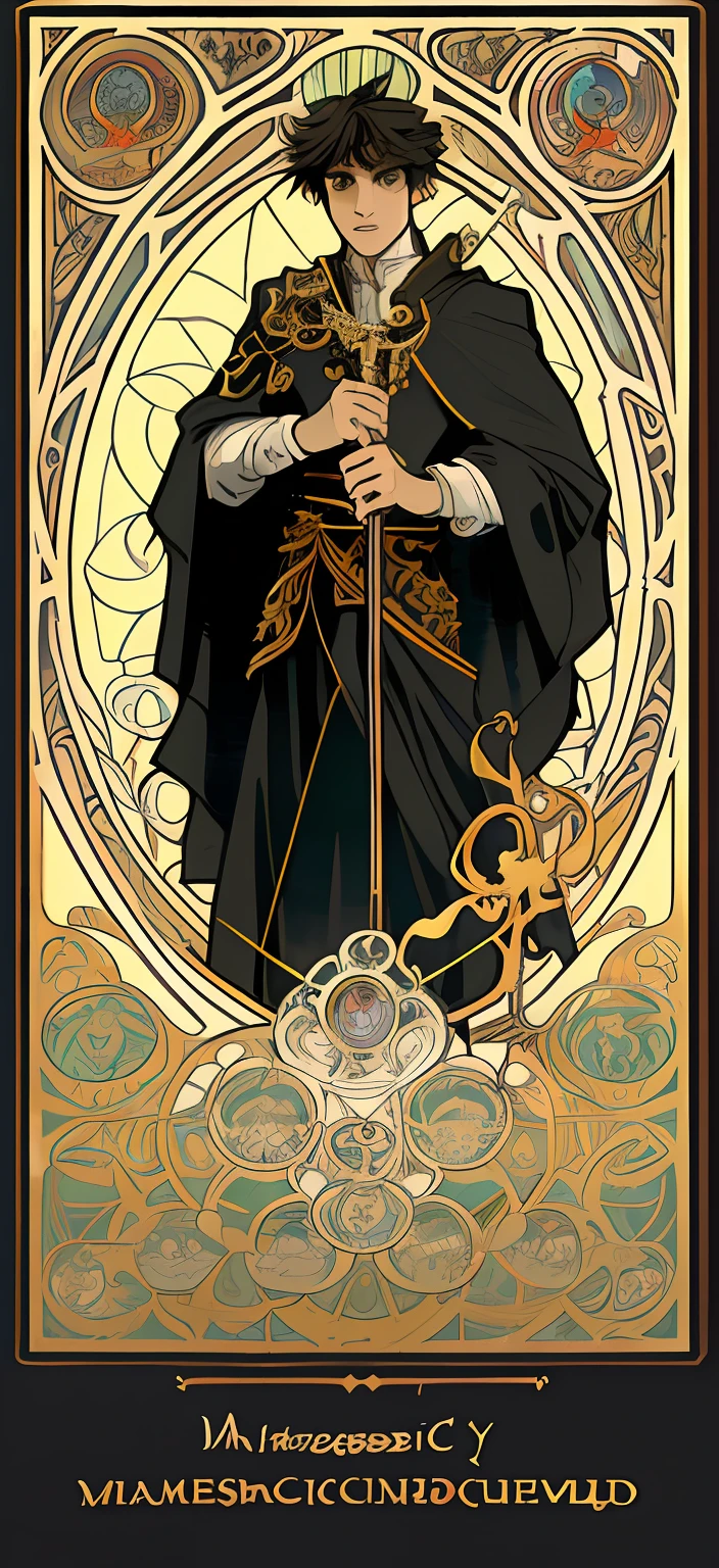 Masterpiece, high quality, very detailed CG unified 8k wallpaper, black battle robe male, full body, short hair, very handsome, very scary, holding flute, gloomy, cold, cold, cunning, poster art inspired by Alphonse Mucha, mucha style 4K, alphonse mucha style, demura and alphonse mucha style, and flat shadow mucha style.