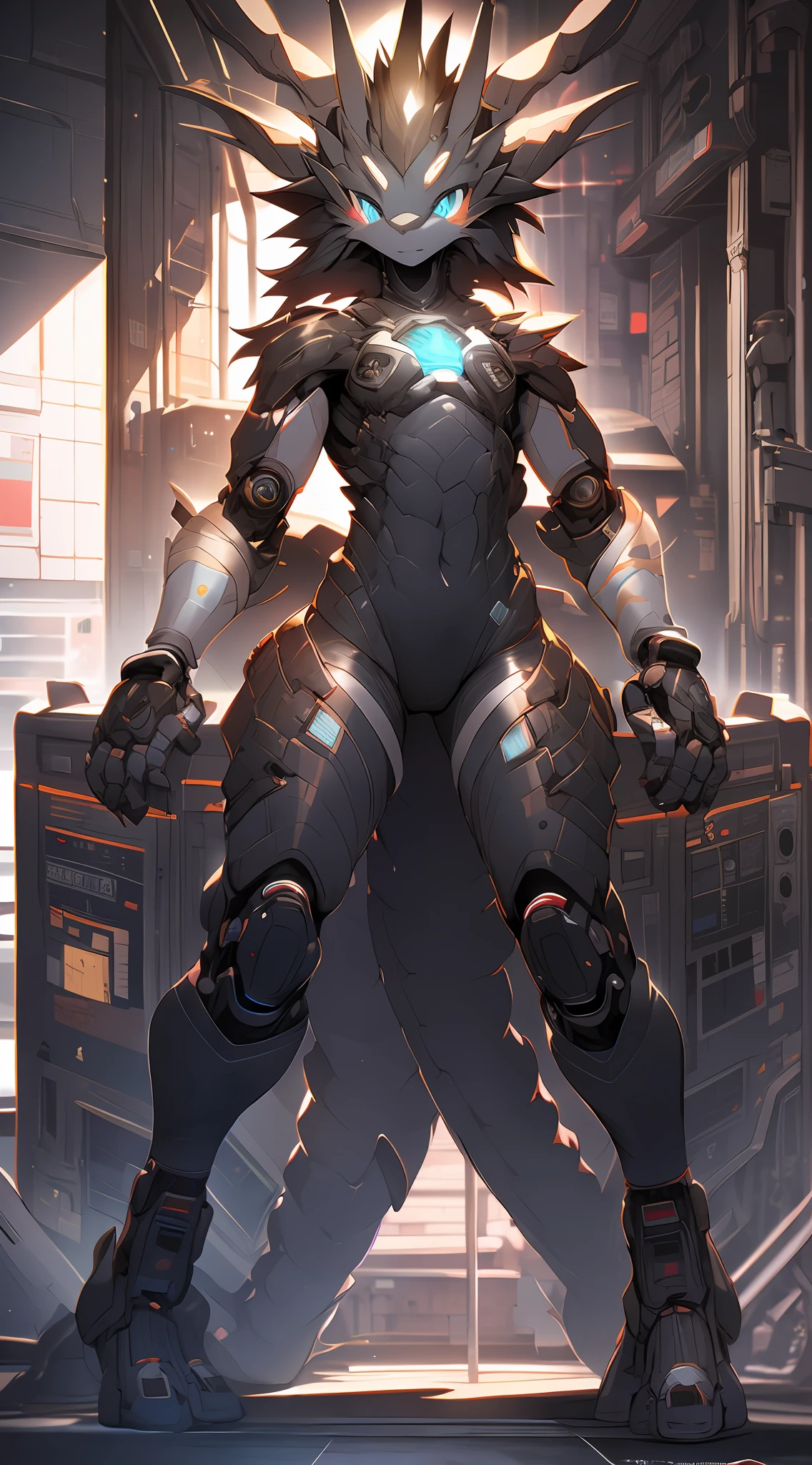 Dragons in mecha，bit girl，dark gray，Blue-and-black hair，eBlue eyes，adolable，Mechanical nanoskin，black reotard，black long socks，full bodyesbian，nakeness，Shota，Black is the subject，emaciated，emaciated，is shy，8K quality，Extreme light and shadow