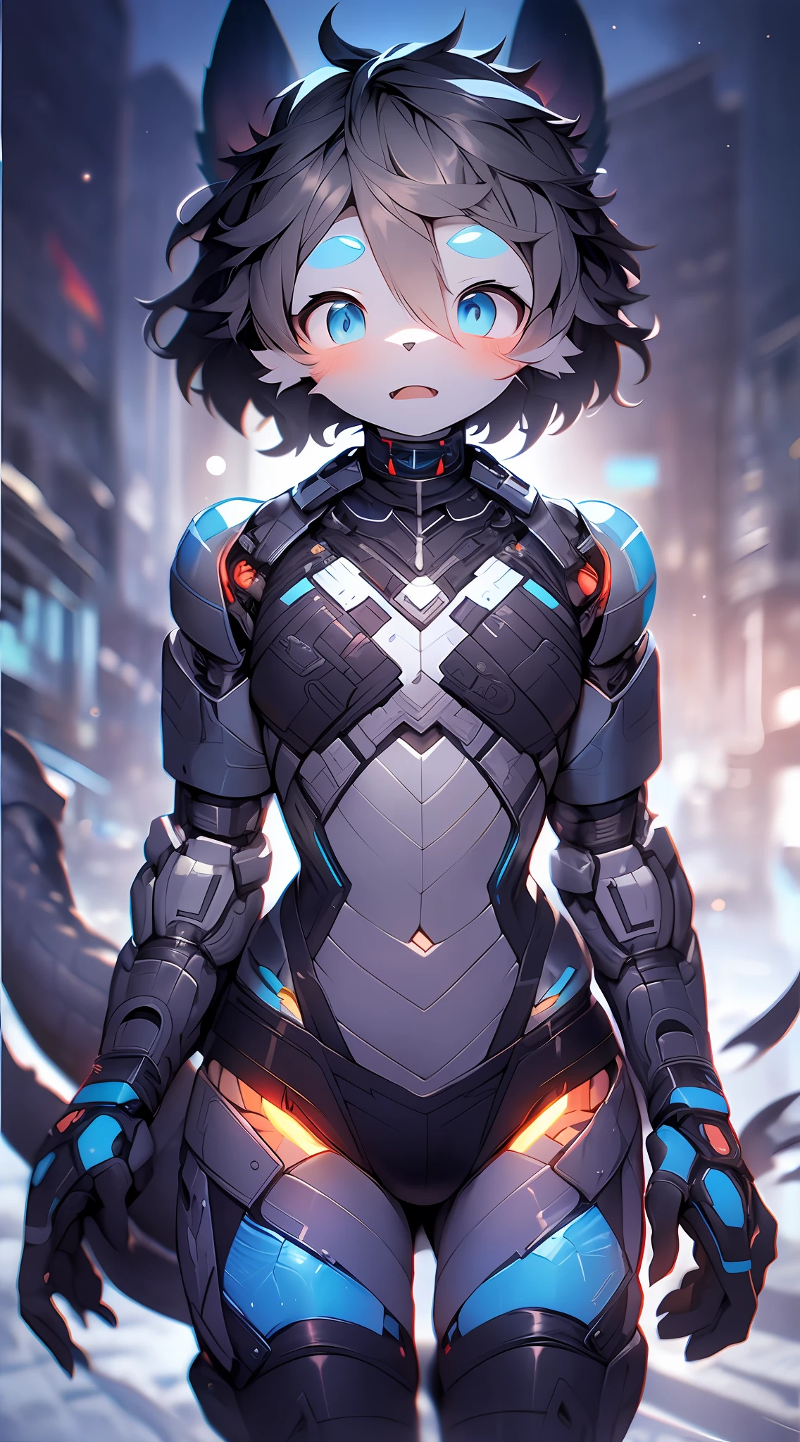 Dragons in mecha,bit girl,dark gray,Blue-and-black hair,eBlue eyes,adolable,Mechanical nanoskin,black reotard,black long socks,full bodyesbian,nakeness,Shota,Black is the subject,emaciated,emaciated,is shy,8K quality,Extreme light and shadow