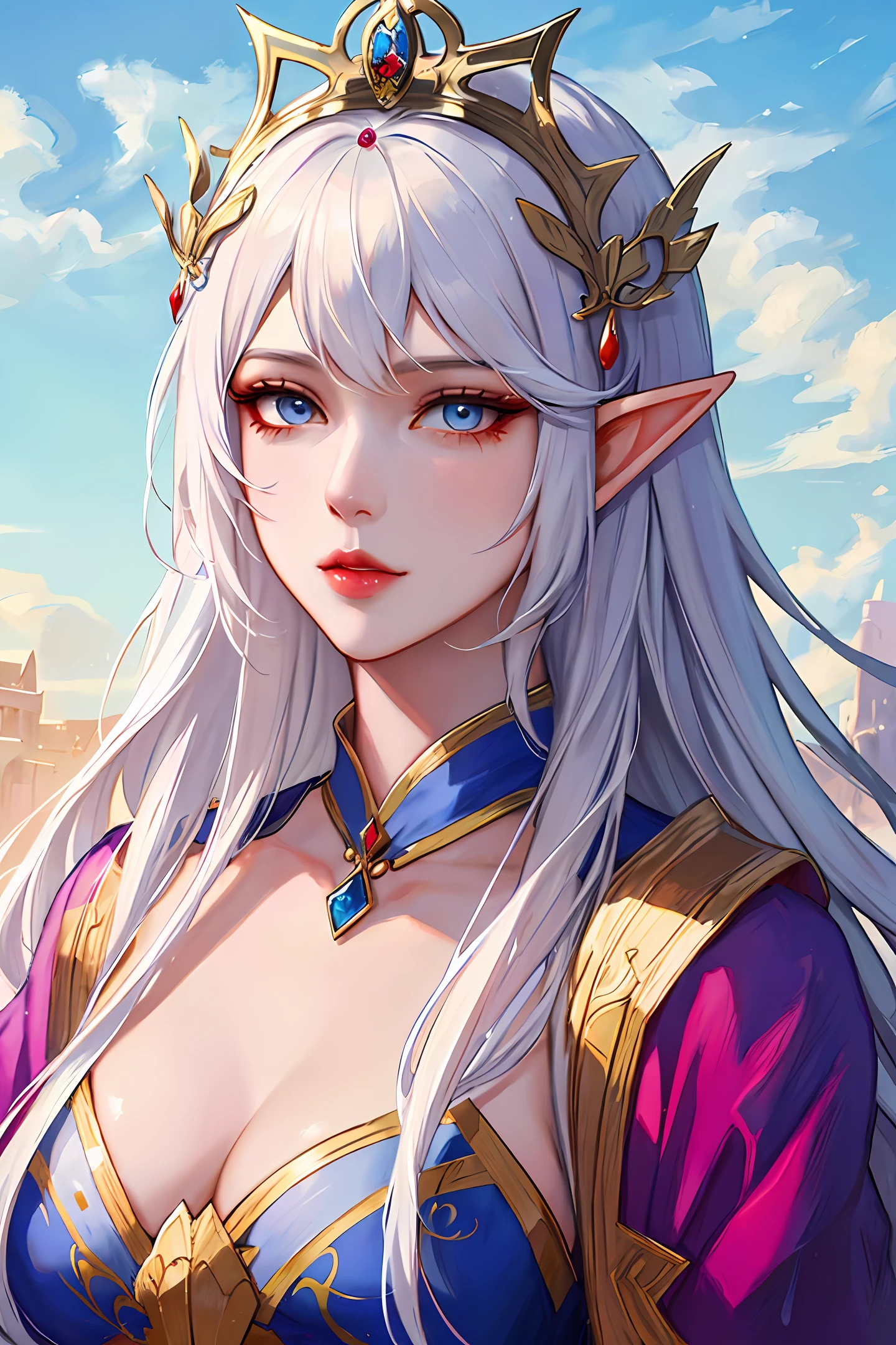 a close up of a person with long hair and a crown, a detailed painting by Yang J, trending on cg society, fantasy art, beautiful and elegant elf queen, white haired deity, a beautiful fantasy empress, artwork in the style of guweiz, ((a beautiful fantasy empress)), guweiz, fantasy art style, guweiz masterpiece