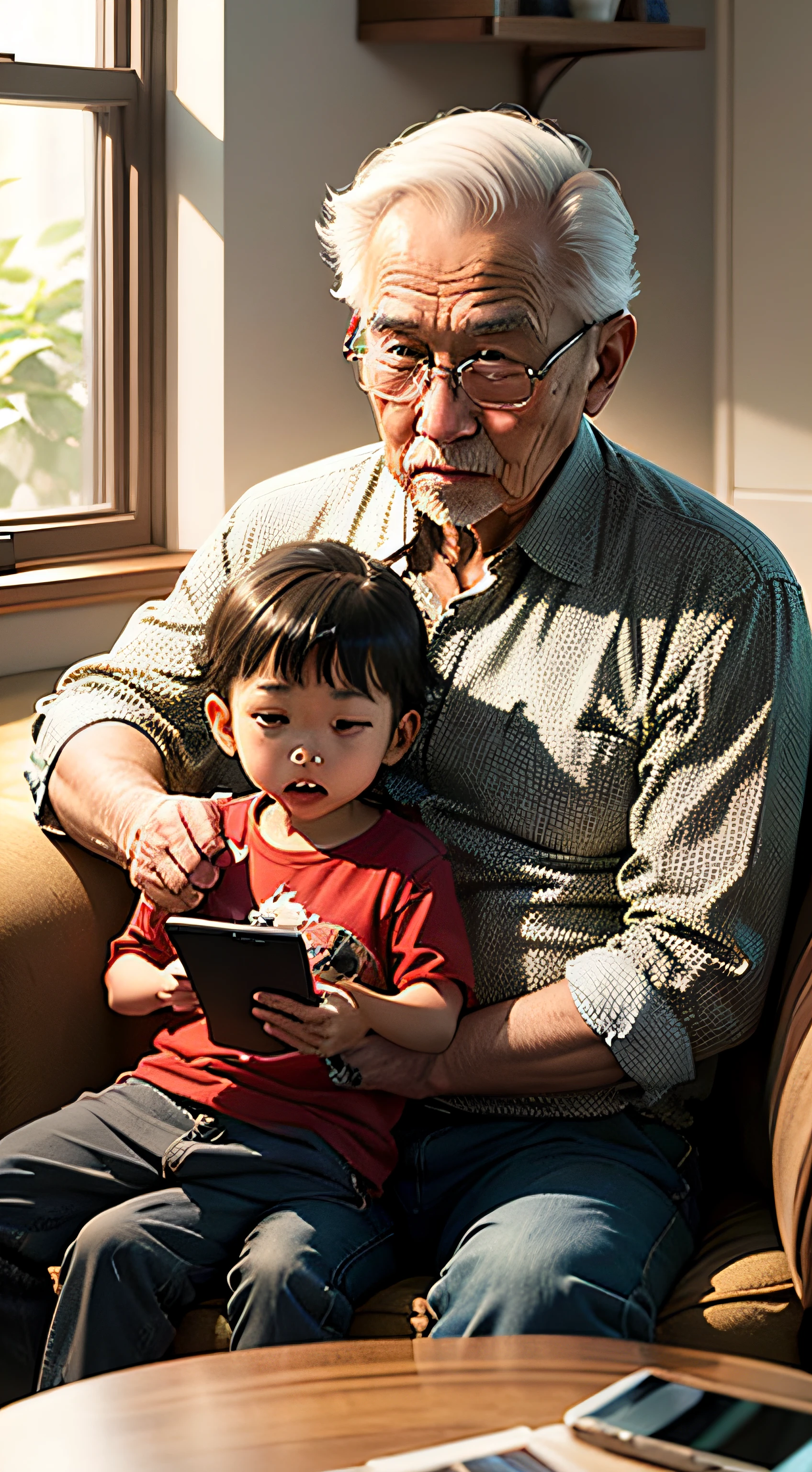 scene：The lens focuses on the comfortable living room，A table is placed in front of the two。Grandpa and grandson sitting on the sofa，Handheld mobile phone，Playing mobile games together