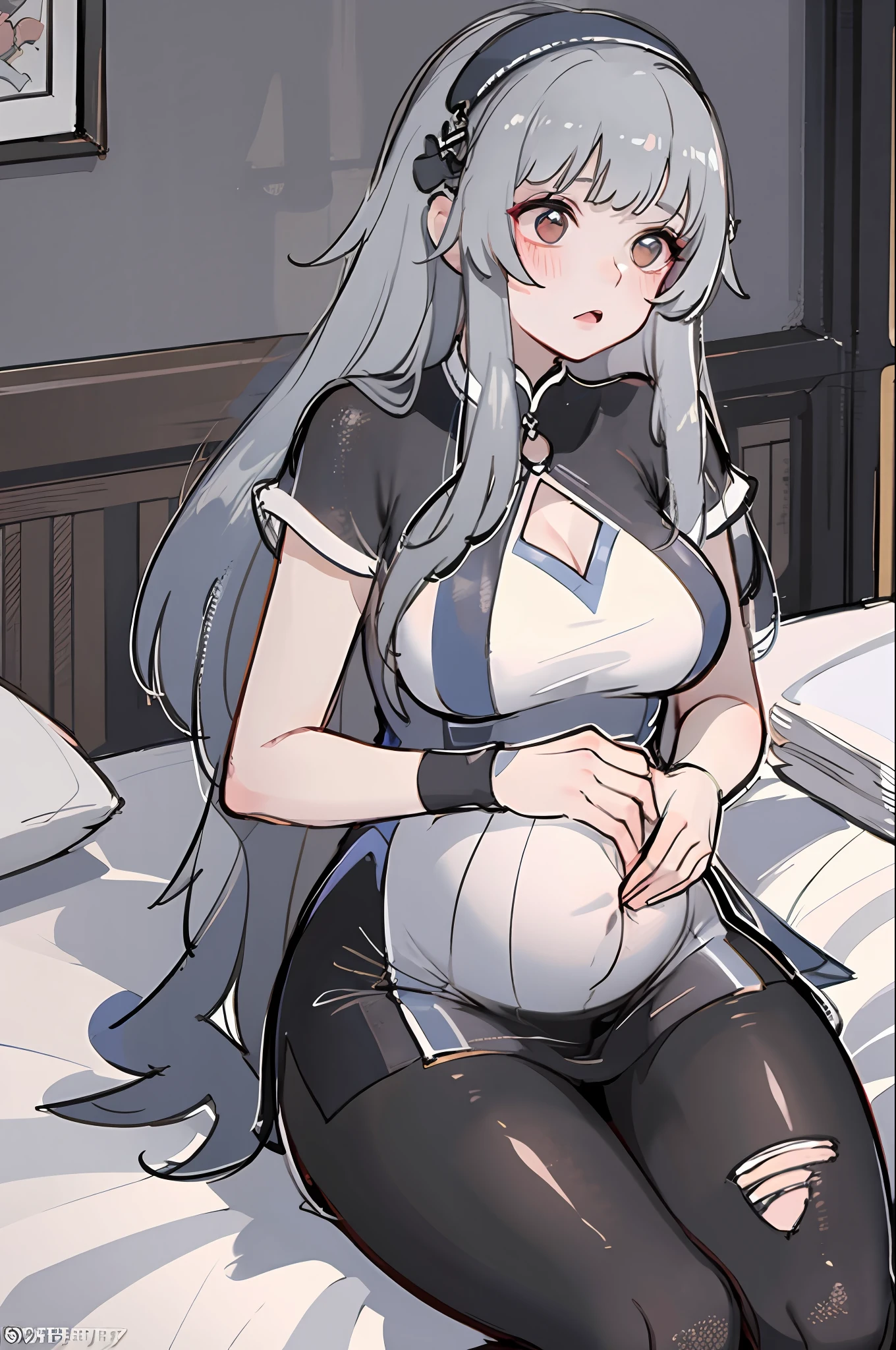 （（（1个Giant Breast Girl）），Ray traching，（dim murky lights），[detailedbackground（Bedrooms）），（（Silvery hair）），（（A pink-haired）），（（（（（Fluffy silver hair，plump and slender girl））Wears a high ponytail）））Avoid golden eyes in the ominous bedroom（（（（Girl wears white shirt，Black wrinkled skirt，Wear yours with black sheer pantyhose），It shows a delicate and slender figure and beautiful curves，Correct limbs，sit on a bed，Pregnant belly，Pregnant belly，Pregnant women with