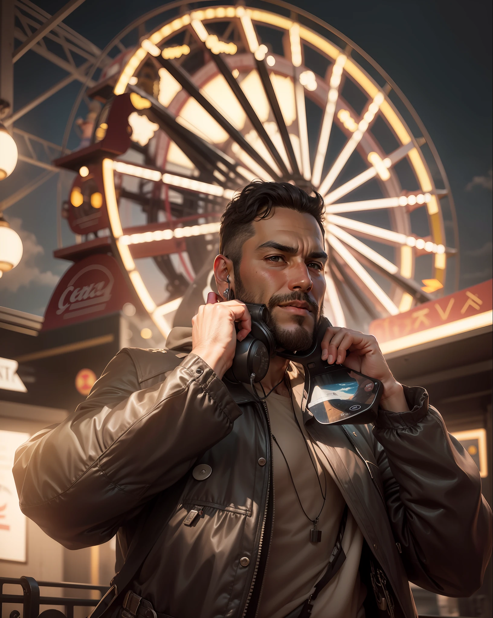 araffe man talking on a cell phone in front of a ferris wheel, profile picture 1024px, taken with sony alpha 9, riyahd cassiem, candid picture, portrait mode photo, shot on nikon z9, shot on canon eos r 5, shot on canon eos r5, album art, captured on canon eos r 6